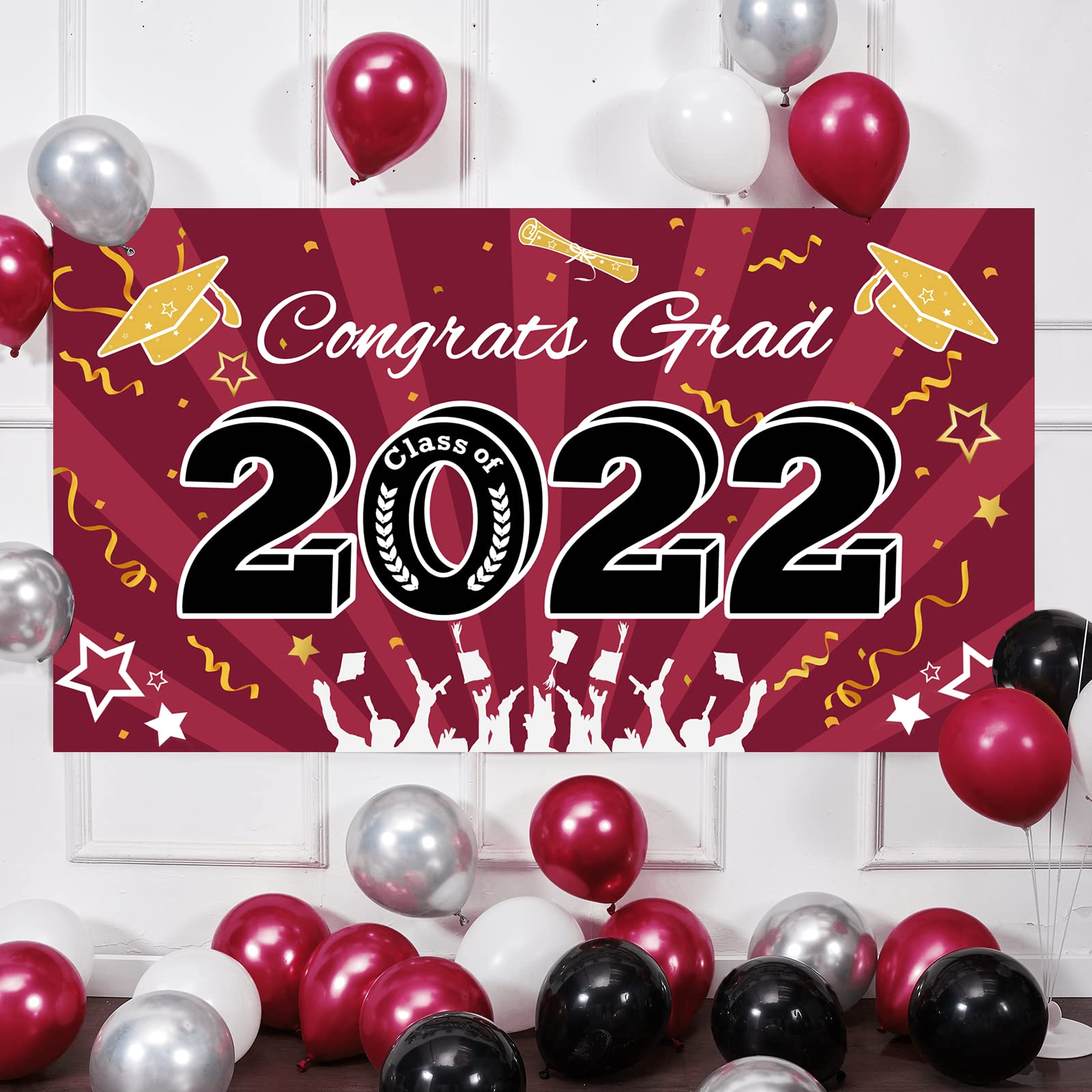 Bunny Chorus Graduation Decorations 2022 Party Backdrop Banner, Extra Large 71" x 40" Black Gold Balloon Photo Booth Props Decorations, Congrats Grad Home for Outdoor Indoor Supplies