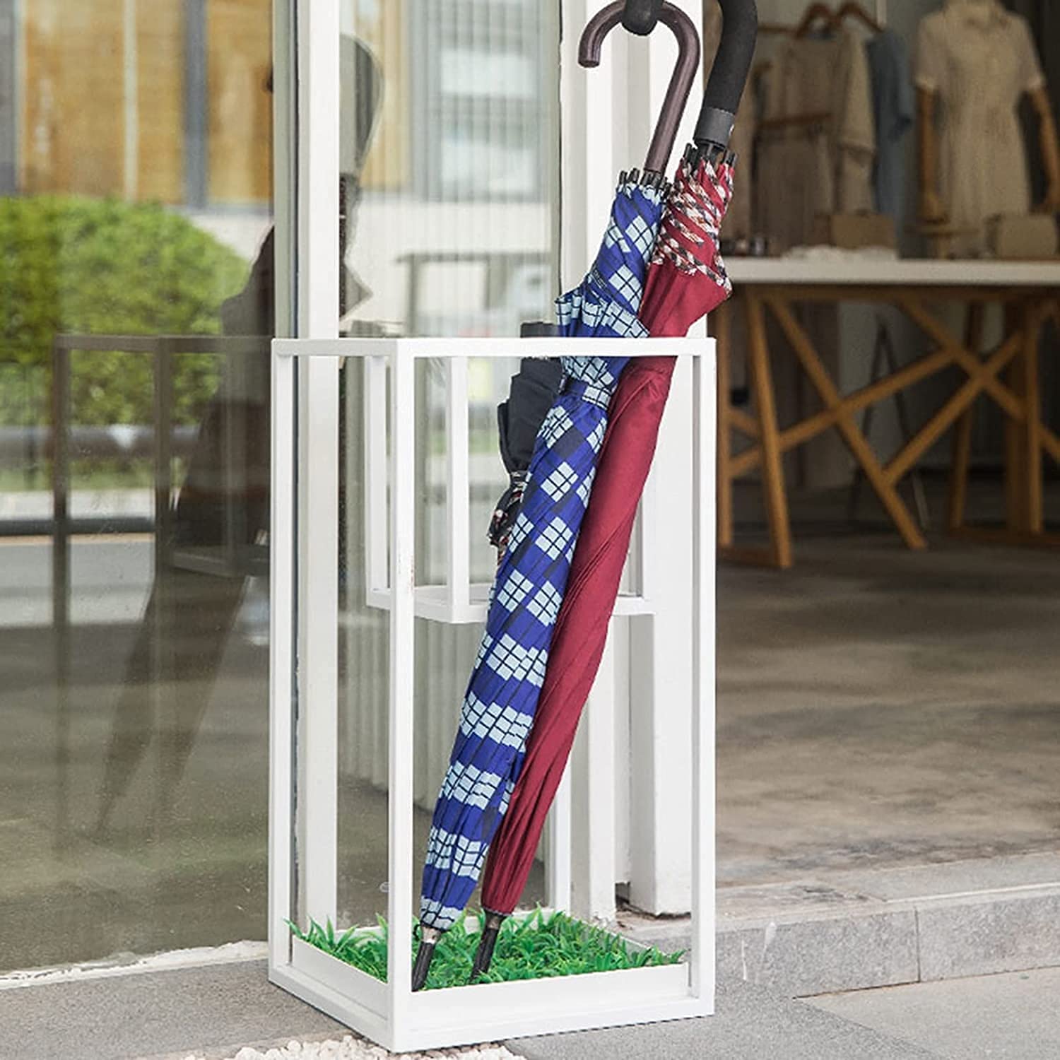 Double Layer Metal, Hallway Foyer Grass Mats Drip Tray, Space Save Umbrella Stand (30x30x60cm , 567720, White)-picture-32