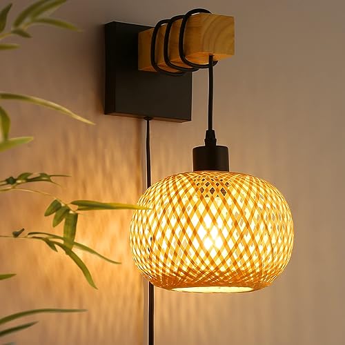 Apliques de pared enchufables de granja para dormitorio, sala de estar, linterna de ratán de bambú, lámpara colgante de montaje en pared, lámpara