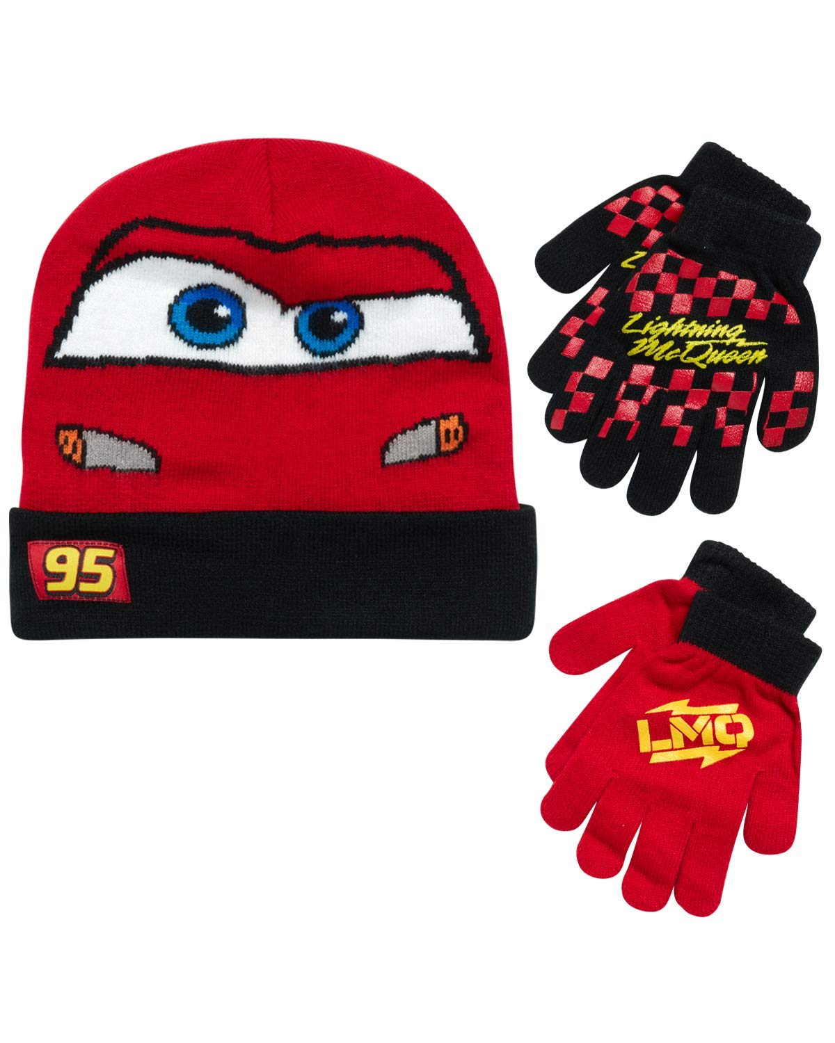 Disney Cars Lightning McQueen Winter Hat 2 Pair Mittens or Gloves (Toddler/Little Boys)