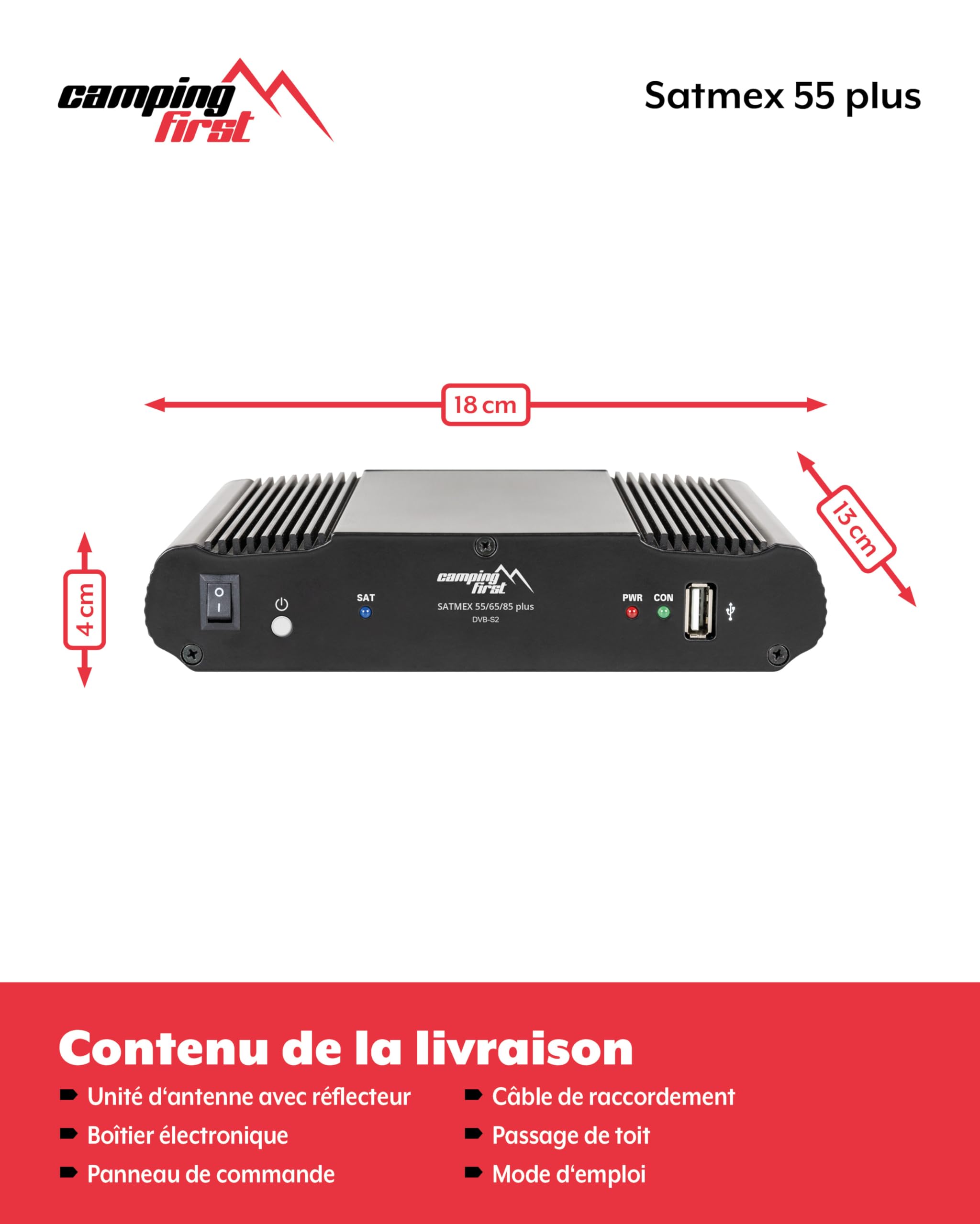 Satmex 55 Plus – Antenne Satellite Automatique – Blanc | Montage sur camping-car, seulement 16 cm de hauteur, Bluetooth, grande portée de réception