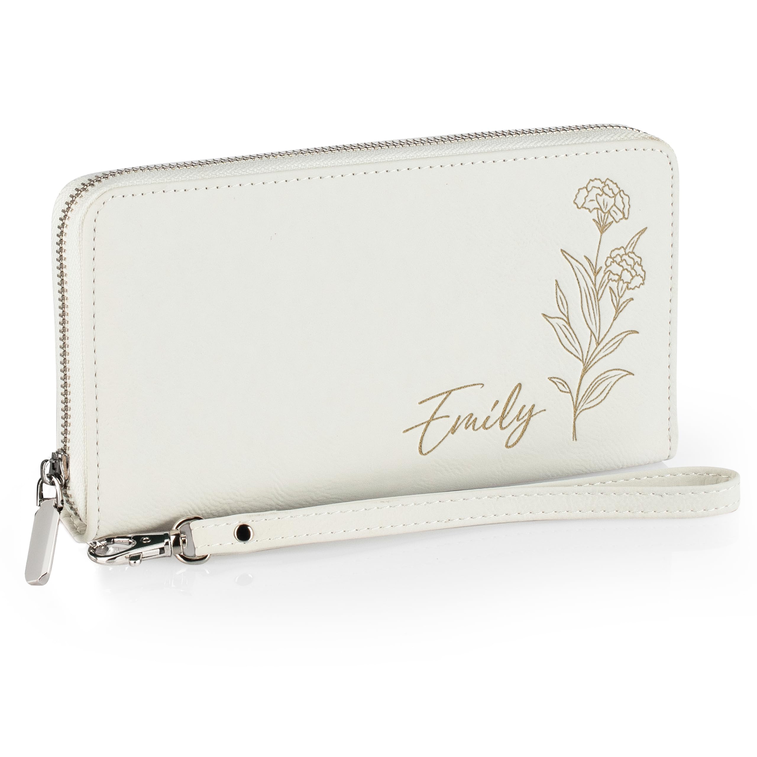 Personalized Women's Wallet with Name & Birth Flower - Customized Wristlet Wallet, Custom Engraved Bifold, 11 Card Slots, Zipper Coin Pocket - White - Gift for Her, Wife, Mom, Daughter