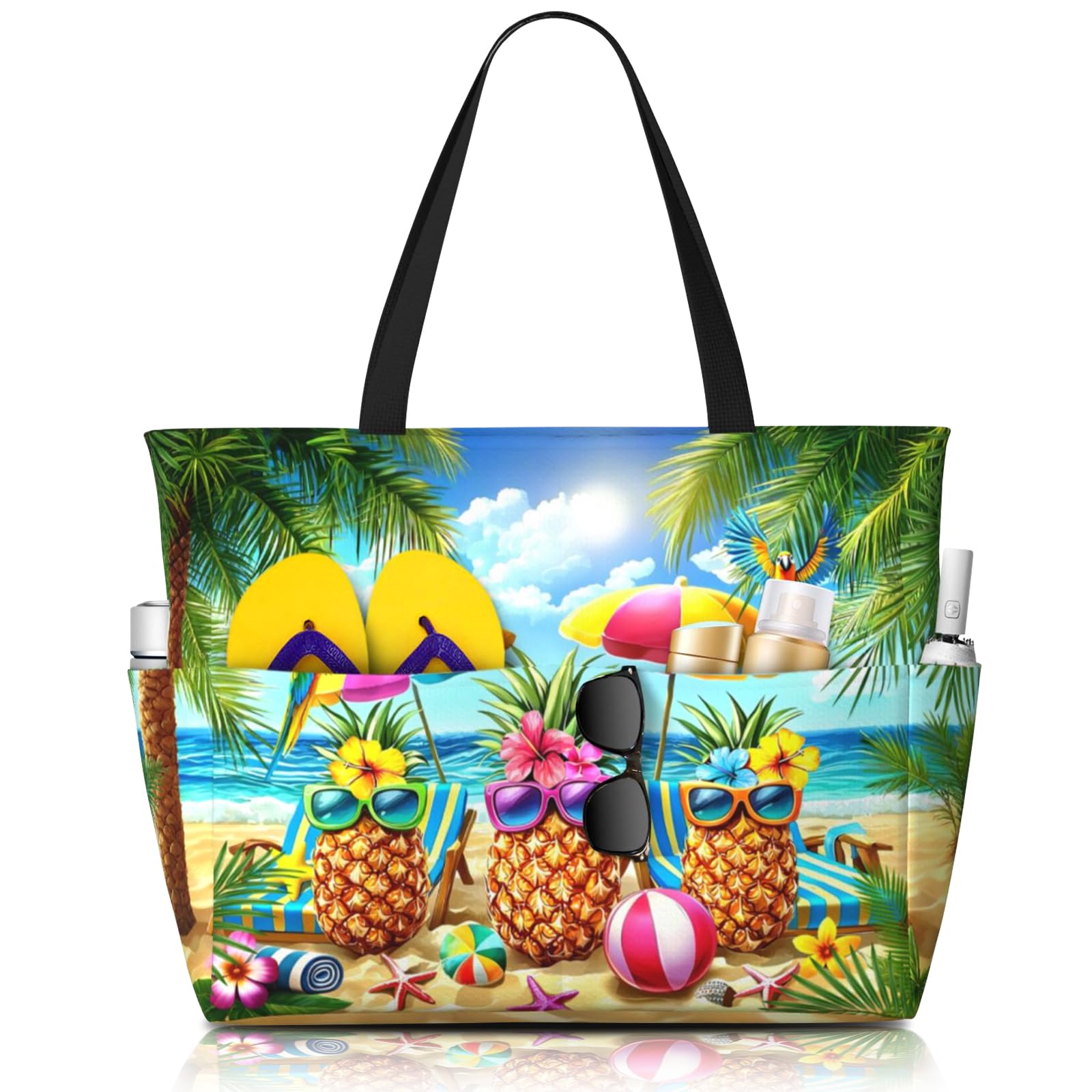Beach Bags for Women Cute Print Waterproof Sandproof Women Tote Bag with Zipper Colorful Pool Bags for Gym Travel Vocation