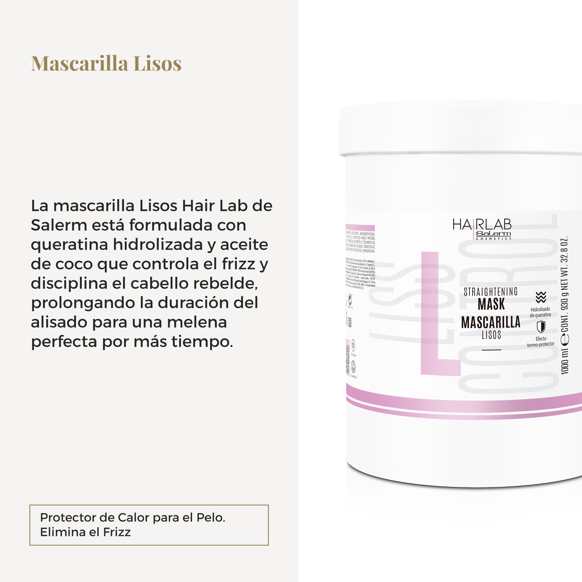 SALERM - Mascarilla Alisadora Pelo - Lisos Hair Lab - 1000 ml - Alisado Perfecto para Cabello Rebelde - con Queratina Hidrolizada y Aceite de Coco - Protector de Calor para el Pelo - Elimina el Frizz
