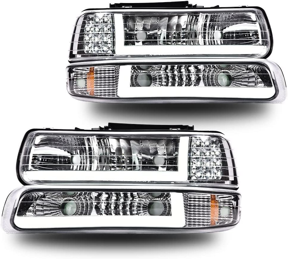 G-PLUSLED DRL headlights, Compatible with 1999 2000 2001 200 2003 2004 2005 2006 Silverado/Suburban bumper Headlamp, Clear lens Chrome Housing Amber Reflector