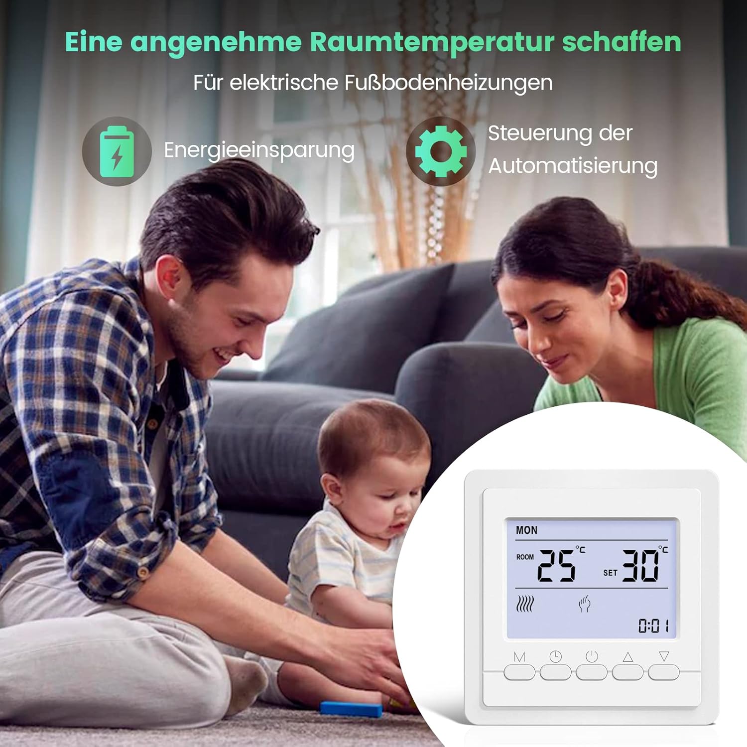 A hand adjusting the briidea T9300 Thermostat, showing the LCD display with room temperature 25°C and set temperature 30°C.