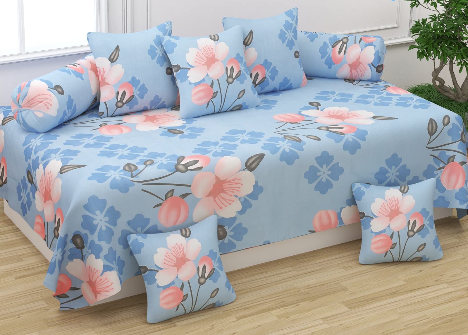 Multitex Diwan Set Covers Cotton 8 Pieces, Pure Cotton Designer Printed Standard Diwan Set (1 Single Bedsheet, 2 Bolster Covers, 5 Cushion Covers)-Multicolour-picture-37