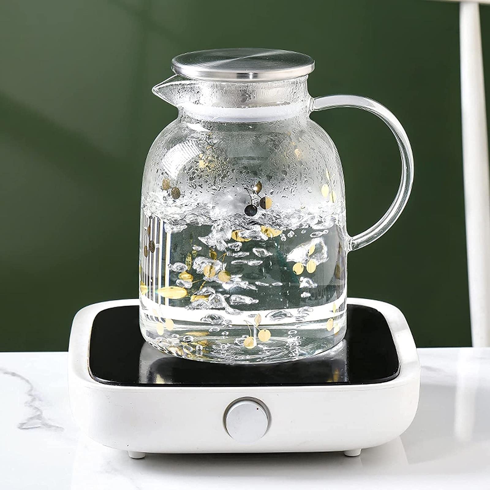 Jarra de Agua Simple Jarra de Vidrio de borosilicato con Tapa de Acero Inoxidable Jarra fría de Gran Capacidad Linda Tetera para Jugo, Leche, Caliente y Col