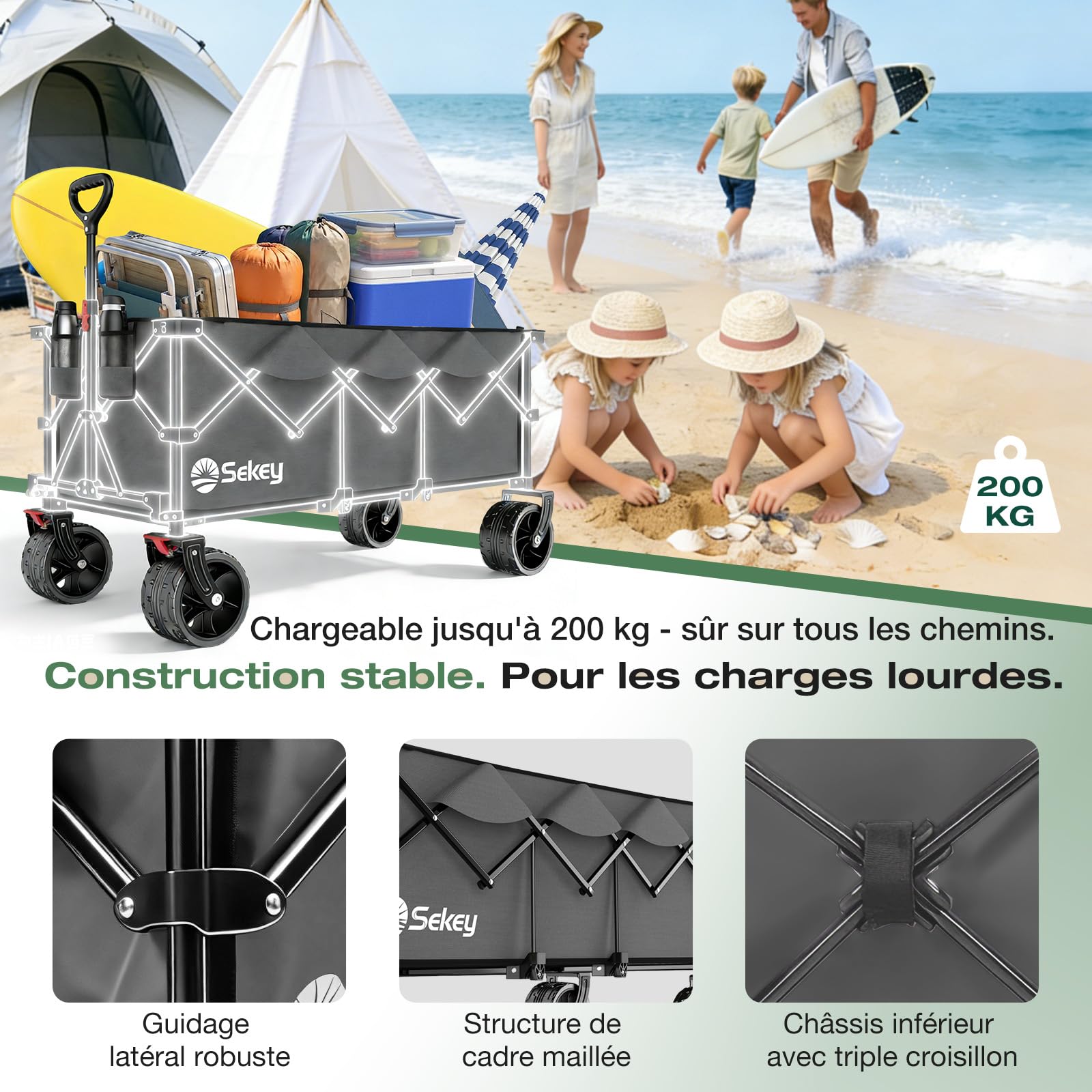 Sekey XXXL Chariot Pliable 300L 200KG, Modèle Allongé avec Roues Tout-Terrain 17x10 cm, Breveté Mécanisme 4-en-1 Dépliage Instantané, Anthracite