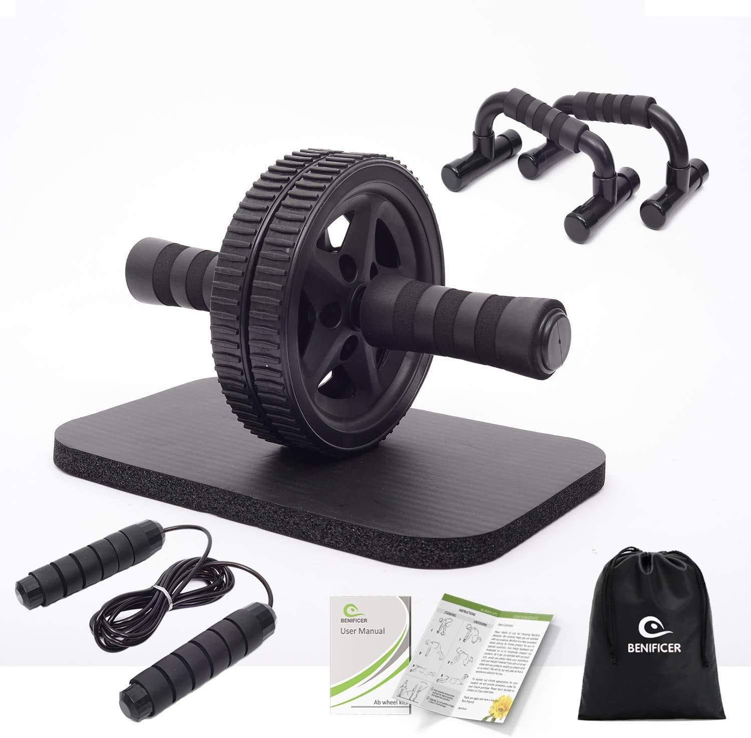 Benificer 4-in-1 AB Wheel Roller Kit with Push Up Bars, Jump Rope and Knee Pad - Perfect Abdominal C