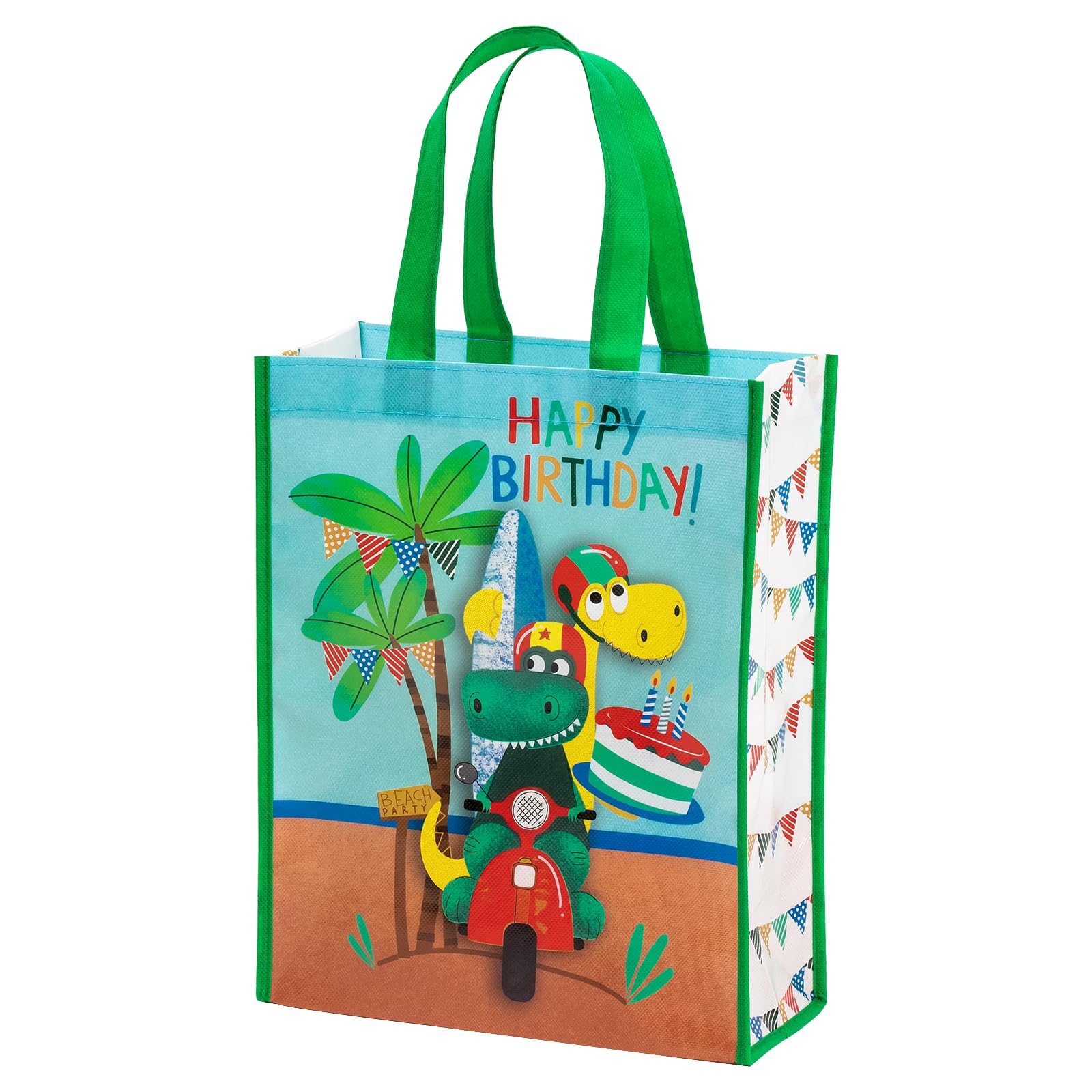 WRAPAHOLIC Large Reusable Dinosaur Birthday Gift Bag with Handles - 10 x 5 x 13 inch - Dinosaur Happy Birthday