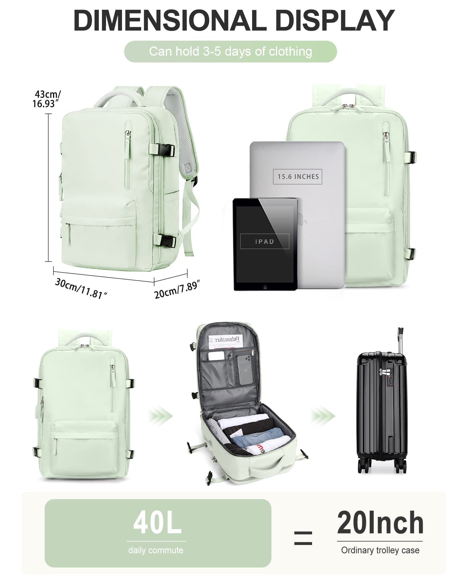 BJLFS Borse da Cabina per Ryanair 40×20×25 Bagaglio a Mano Easyjet 45×36×20 Borsa Zaino da Viaggio, Zaino da trekking,Zaino Casual per laptop da 14 pollici per scuola