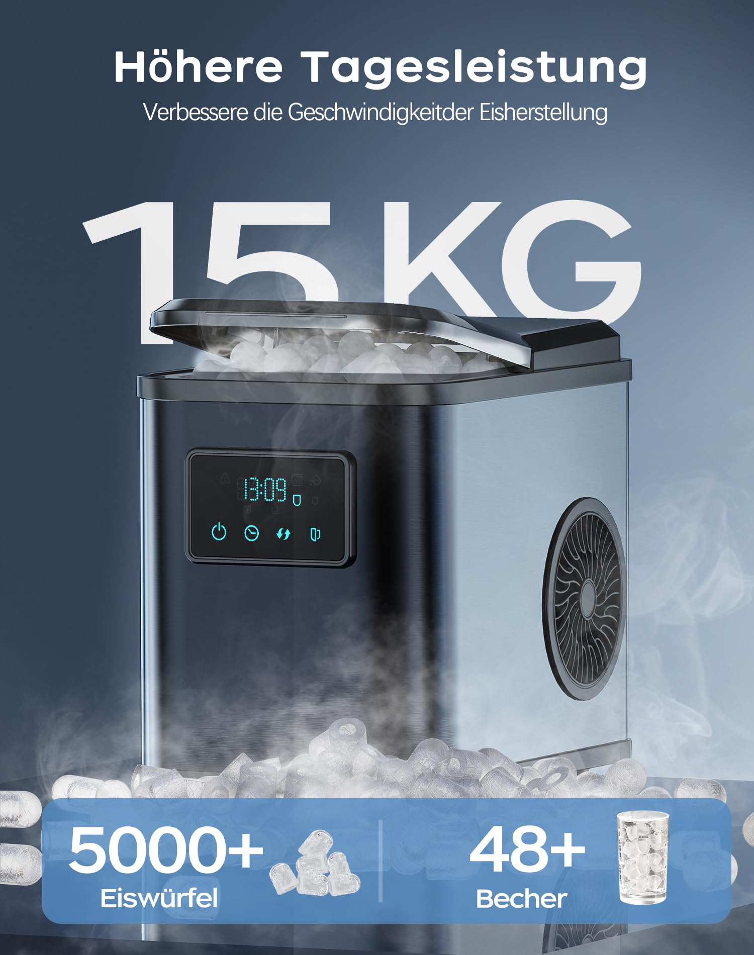 Edelstahl Eiswürfelmaschine mit LED-Display Eismaschine Eiswürfelbereiter und Reinigungsfunktion 2L Wassertank inklusive Eisschaufel und Korb 2 Eiswürfel Größen für Küche, Büro, Bar und Party