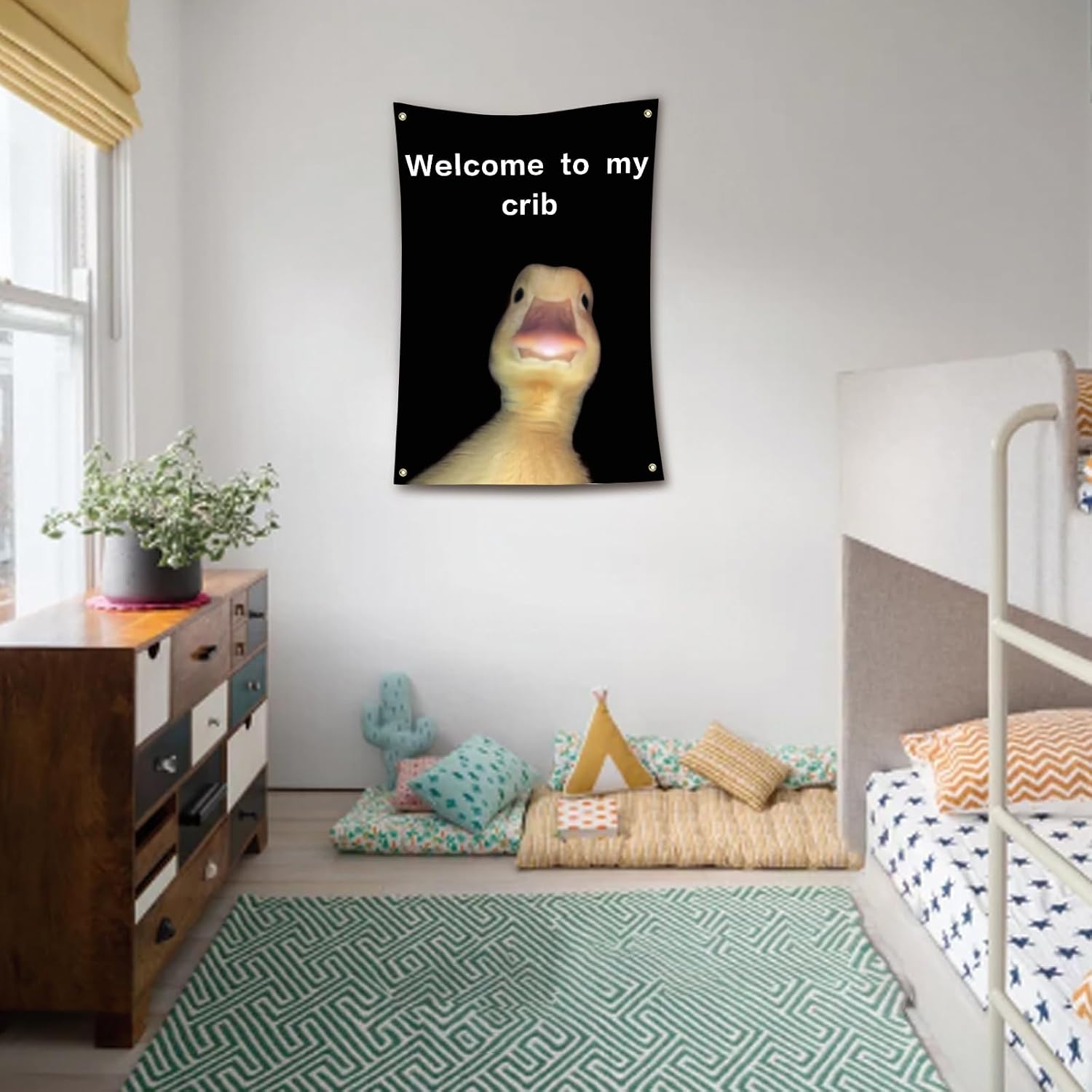 Lyeedoom Funny Duck Tapestry Welcome to My Crib - 2x3 Feet Humorous Poster | Humorous Poster for Boys Room, College Dorm & Man Cave Decor, Soft Polyester Fabric, 4 Reinforced Hanging Grommets