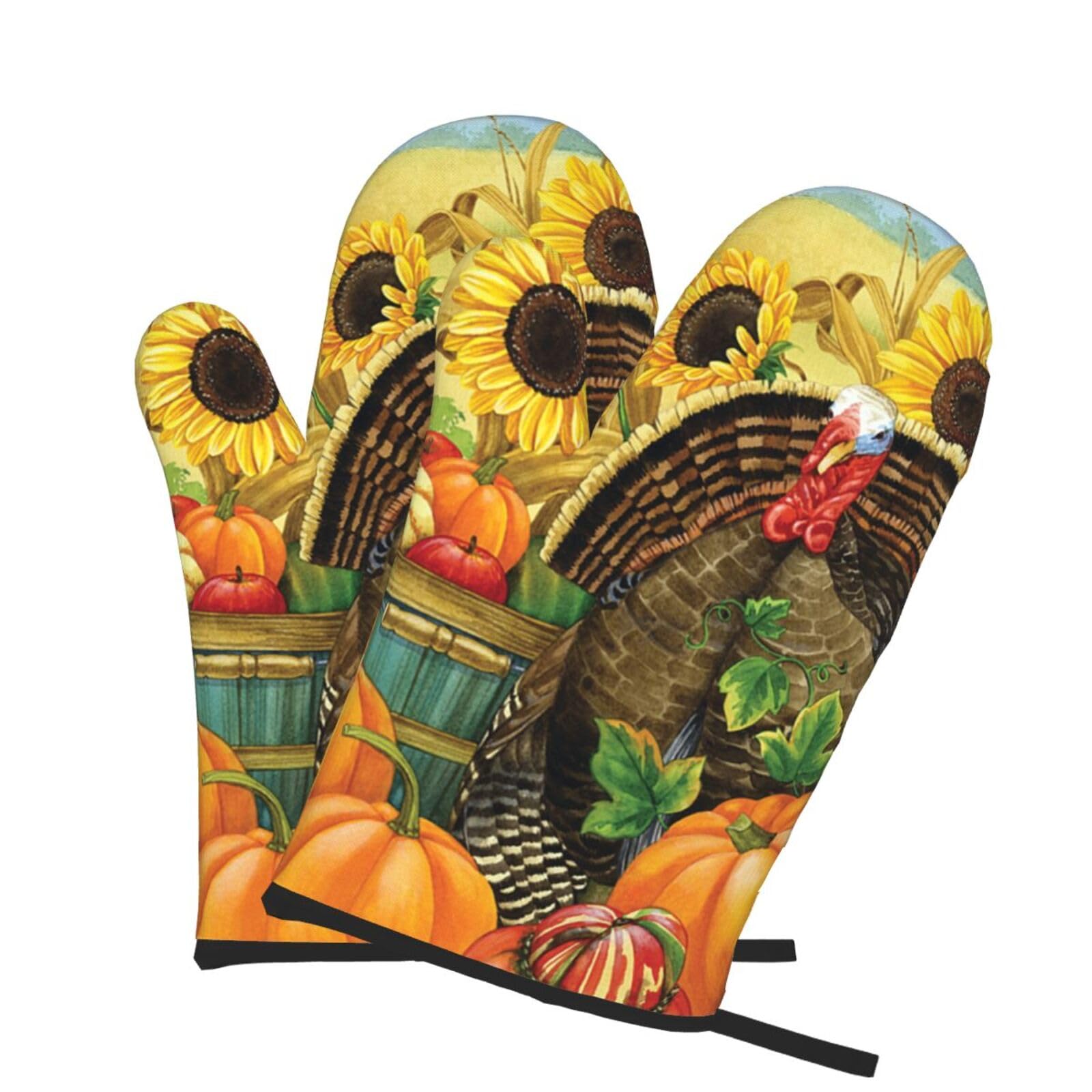 Oven Mitts Set of 2 Pcs, Thanksgiving Turkey Pumpkin Prints Heat Resistant Kitchen Gloves for Cooking Baking Grilling