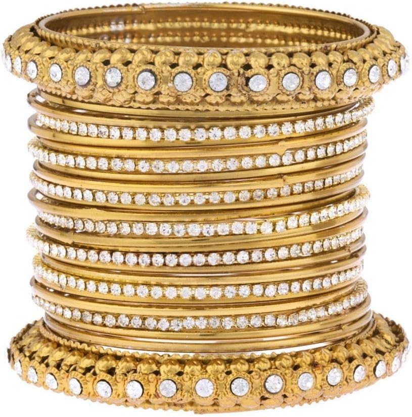 Efulgenz Indian Bangles for Women Oxidized Bangles Indian Jewelry Boho Crystal Rhinestone Gold Tone Oxidized Bollywood Wedding Crystal Bracelets Bangle Set (25 Pcs)