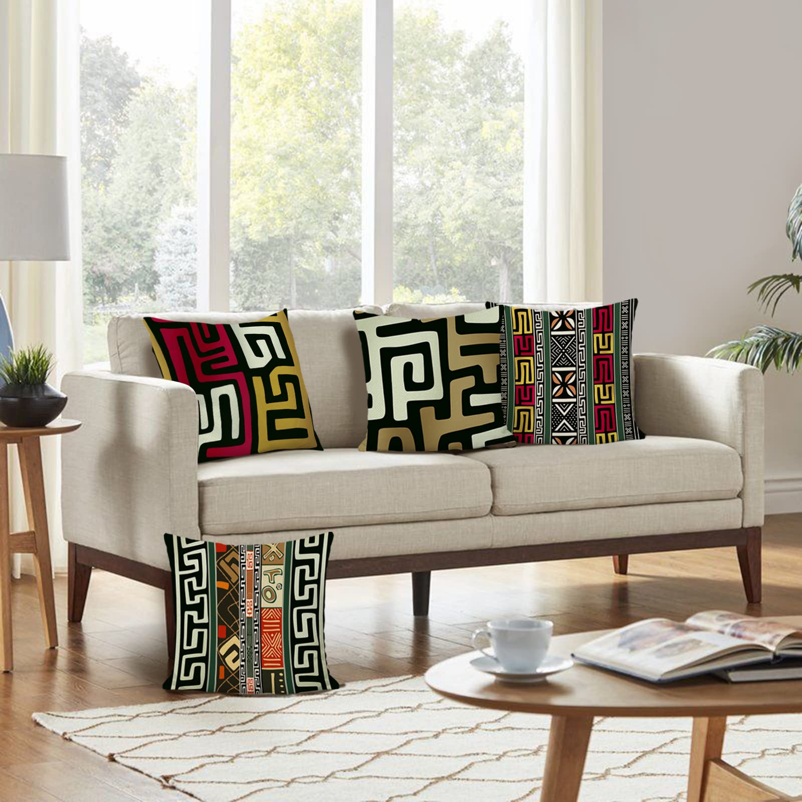 Lot De 4 Housses De Coussin Ethnique 45x45cm - Motif Africain Tribal - Polyester Lin - Déco Salon