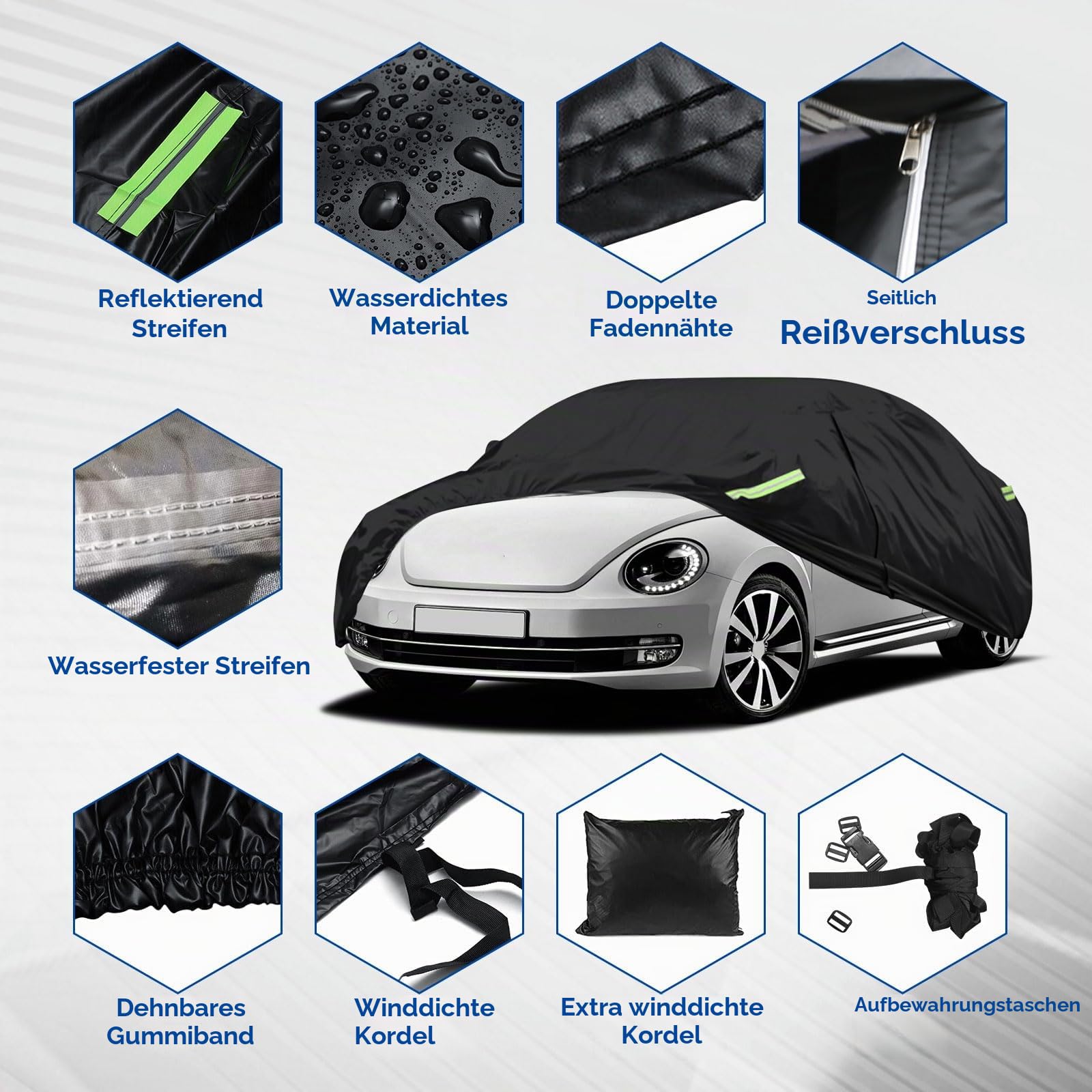 Autoabdeckung für VW Käfer 1998-2023, 210D wasserdichte Vollgarage für VW Beetle Allwetter-Autoabdeckung mit Reißverschlusstür und winddichtem Gurt
