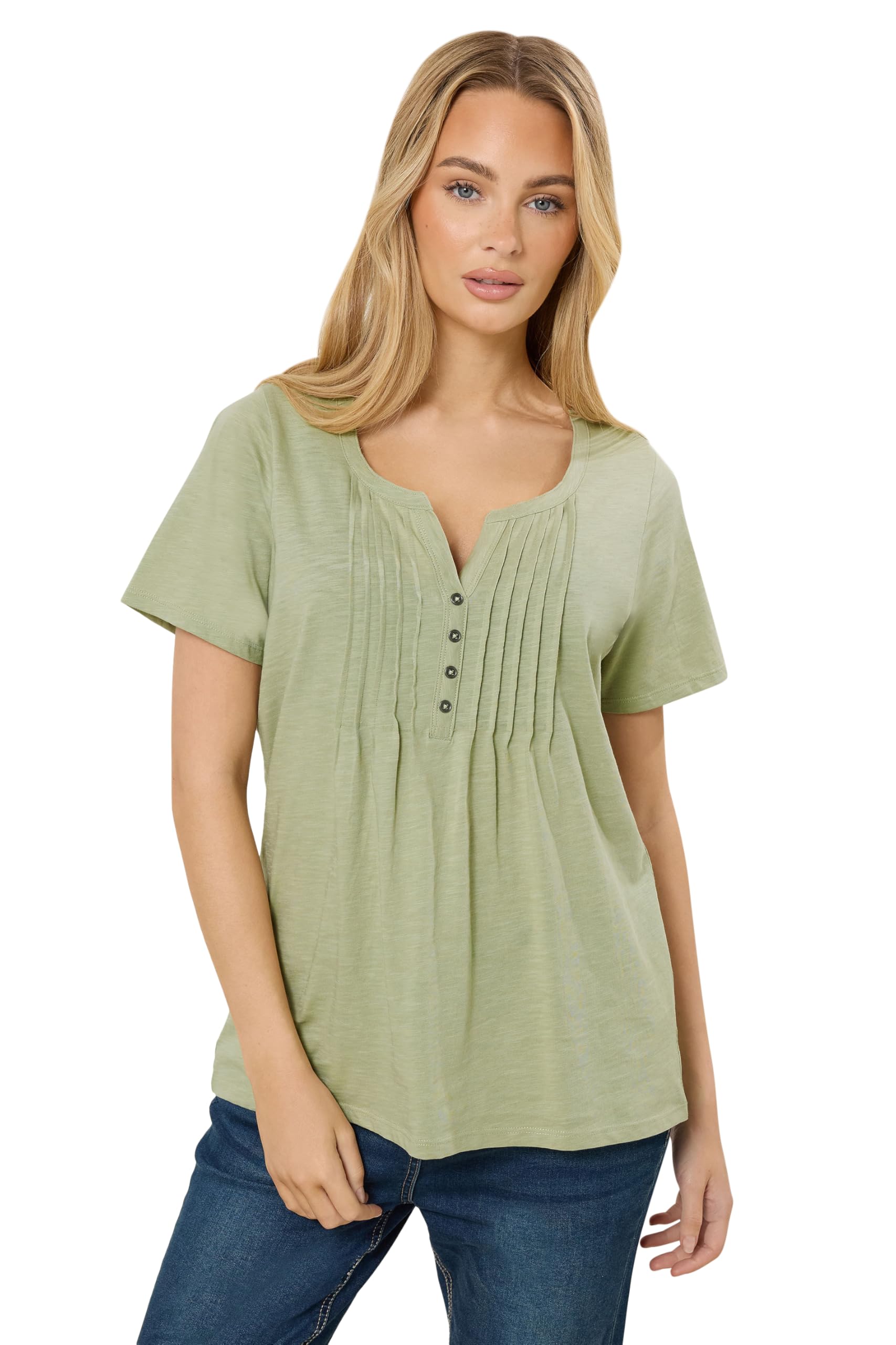 M&Co Women's Short Sleeve Henley Top in Light Green | Size: 14