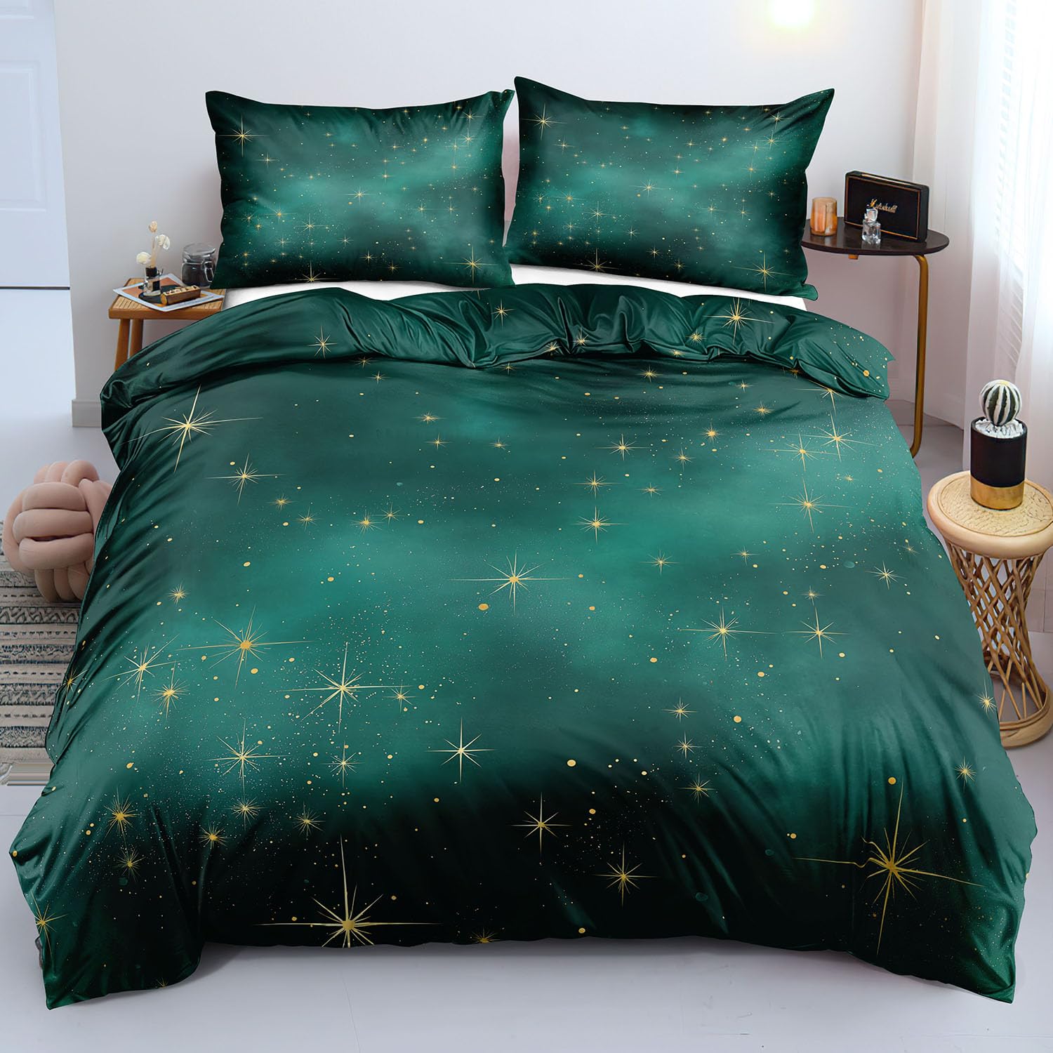 Housse de Couette Galaxy Verte Parure Lit 200x200 Microfibre Ciel Étoilé