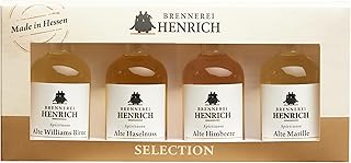 4er Geschenk-Set - Alte Williams, Alte Marille, Alte Haselnuss, Alte Himbeere - 4 x 50ml Miniaturen - Probierset - Tasting-Set - Geschenkbox - Obstschnaps - Spirituose - 38% vol - Brennerei Henrich