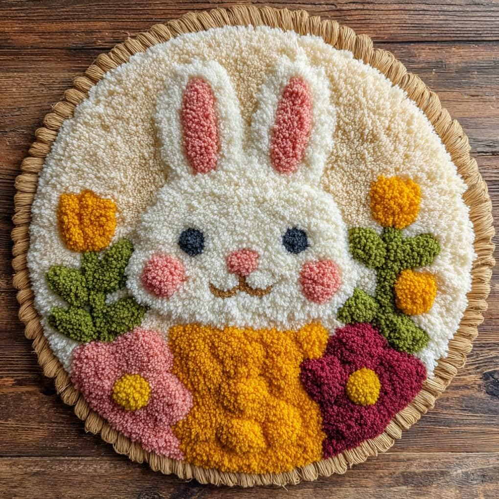 kitphoenix DIY Latch Hook Rug Kits Rabbit Easy for Beginners Round Carpet Crochet Yarn Craft Large Rug Hook and Latch Tapestry for Home Decor 50X50Cm