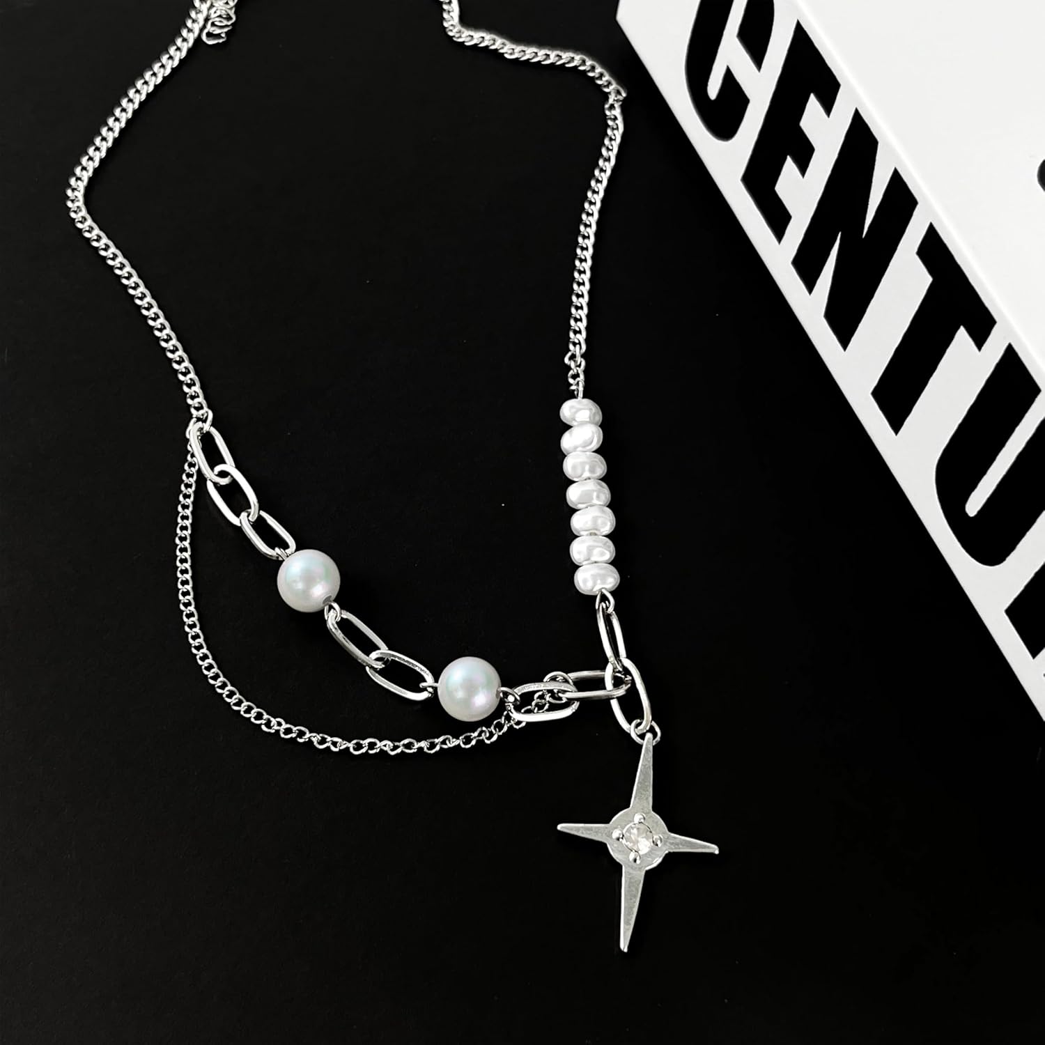 Cross Necklace for Women Irregular Double Layered Y-shaped Chain Y2k Pearl Fashionable Hip-hop Trend - Image 8