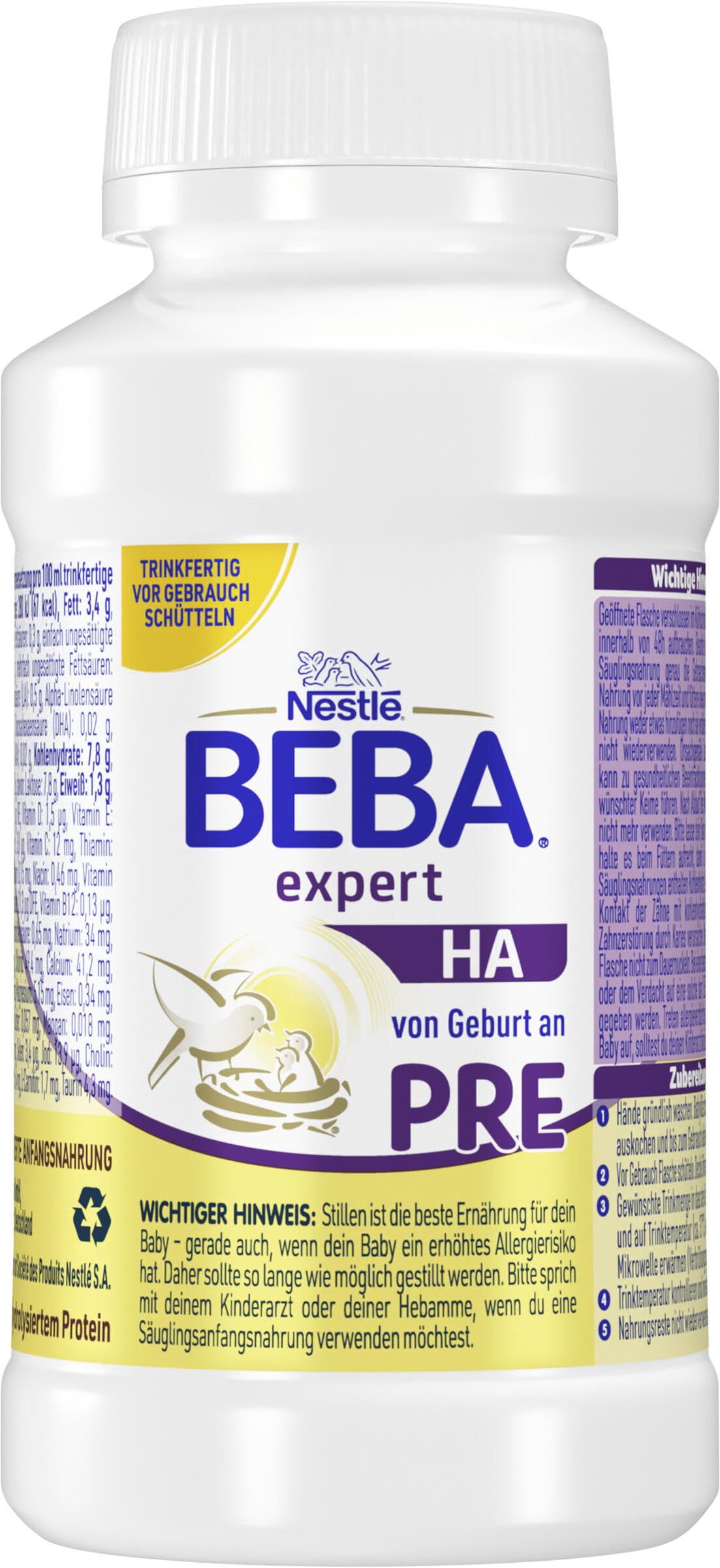 Nestlé BEBA expert HA PRE Hydrolysierte Anfangsnahrung, Säuglingsnahrung von Geburt an, 12er Pack (12 x 200ml)