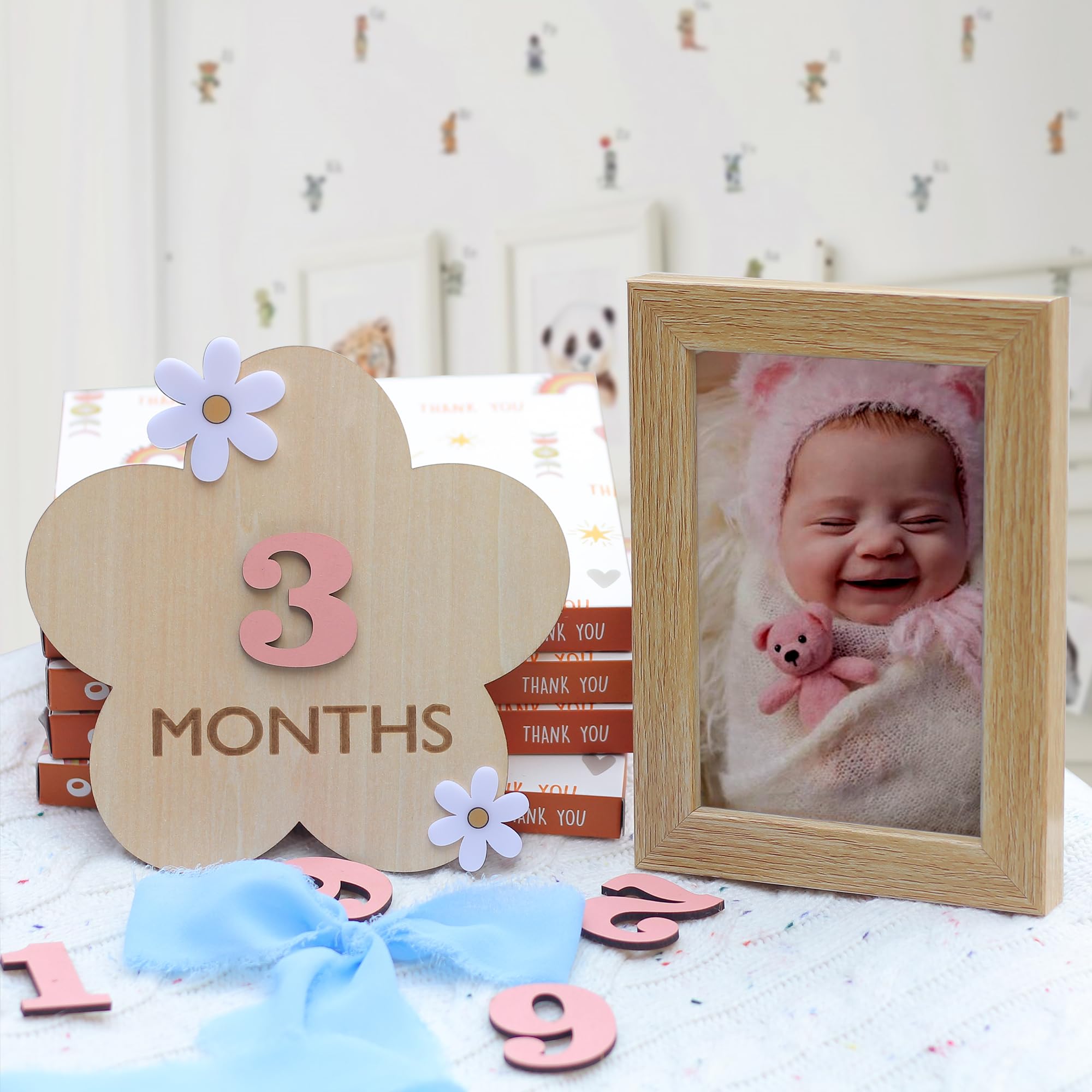 Baby Monthly Milestone, Wooden Baby Milestone Signs, Monthly Milestone Wood Discs, Baby Milestone Discs, Baby Photo Props Cards Interchangeable Number Set of 12 for Baby Growth Recording (3D Flower)