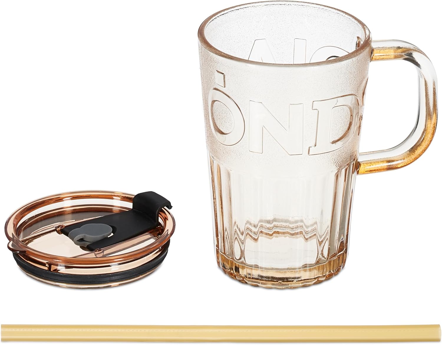Relaxdays Set of 2 Cups, Drinking Glasses with Lid & Straw & Handle, Vol. 450 ml, Light Brown, 13 x 13 x 8.5 cm