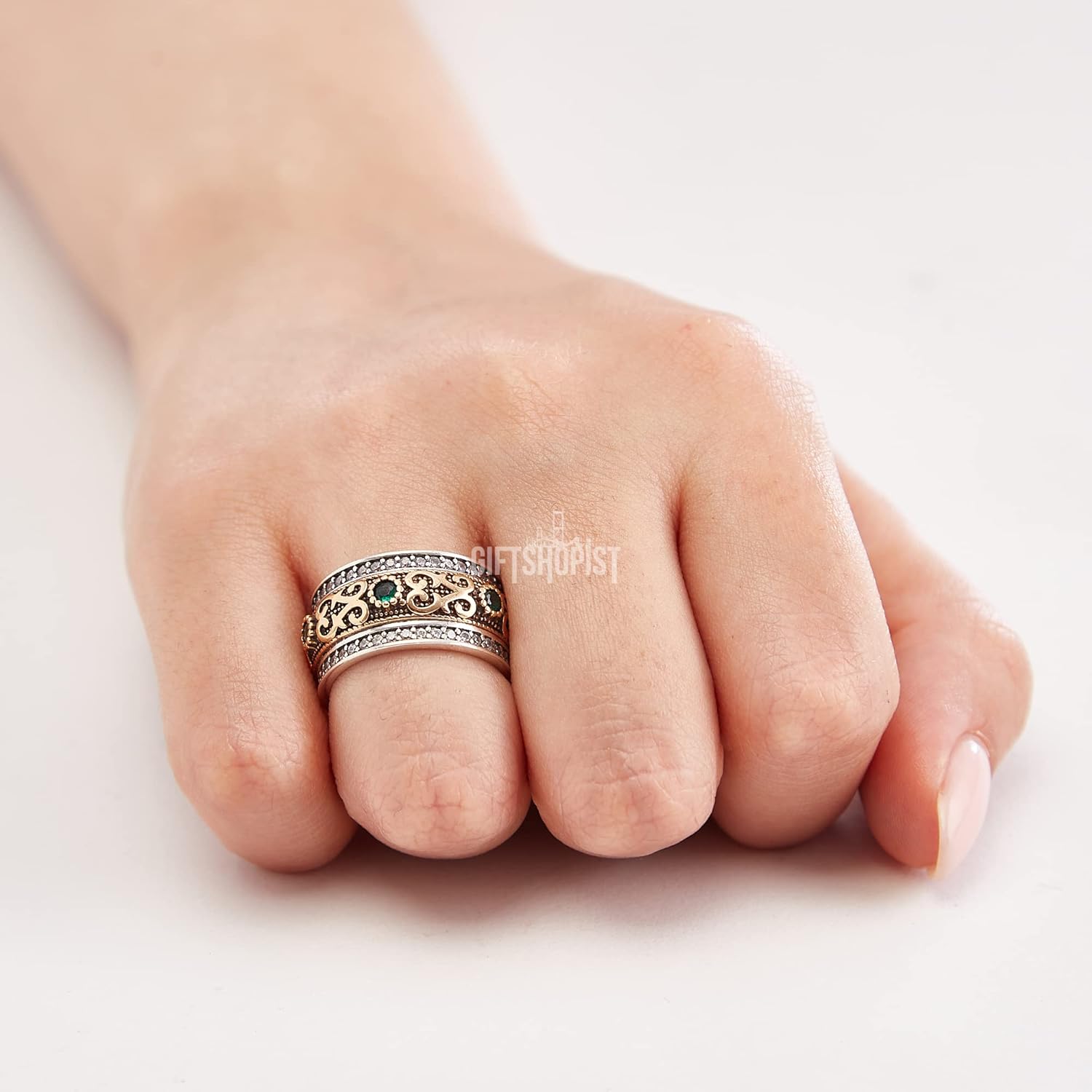 Handmade Turkish Authentic Jewelry Round Shape Cut Emerald Topaz 925 Sterling Silver Band Ring for Gift for Ladies Size ALL