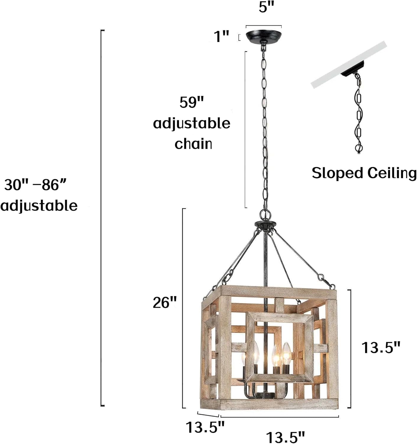 KSANA Pendant Lights, Farmhouse Rustic Wood Square Chandelier Light Fixture for Kitchen Island, Dining Room, Foyer
