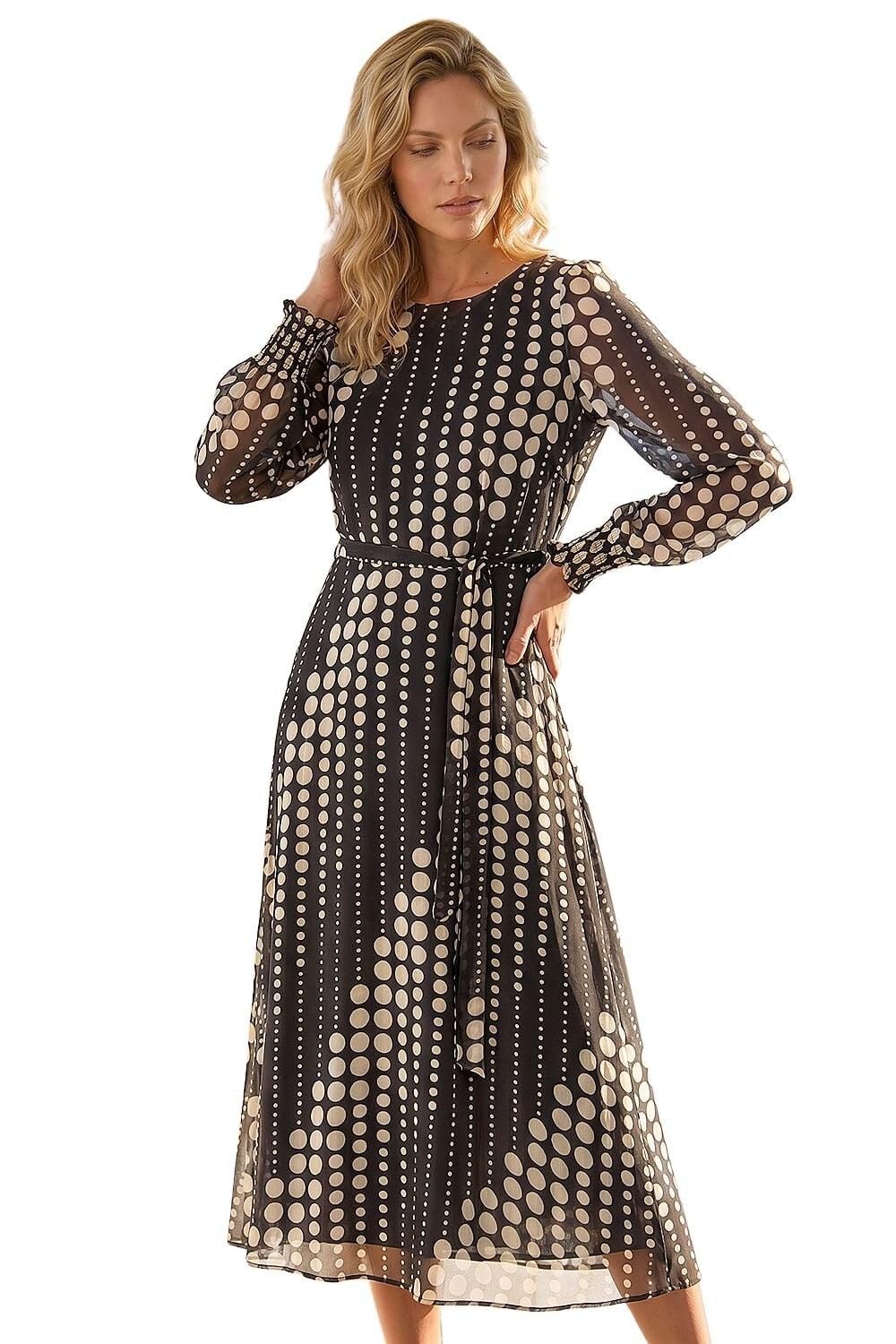 Roman Feather Print Belted Midi Dress for Women UK - Ladies Autumn Everyday Winter Holiday Round Neckline Comfy Long Sleeve Soft Fit & Flare Frock Dinner Date Gowns - Spot Black - Size 20