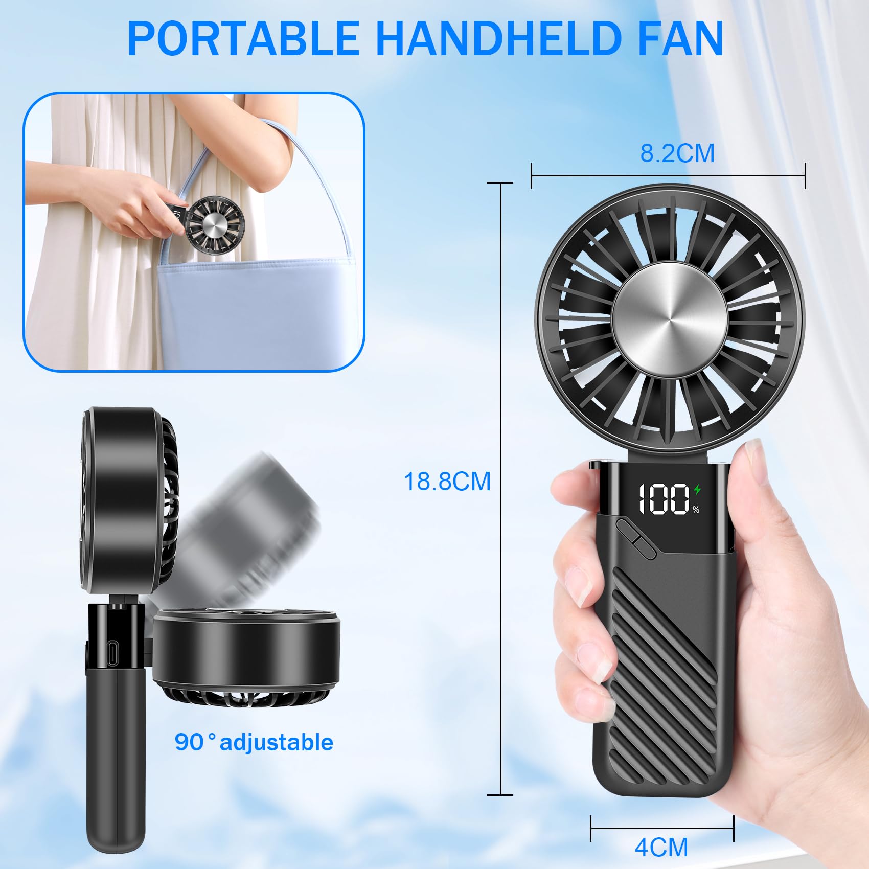 Feebee Ventilateur Portable, Mini Ventilateur à Main USB Petit Ven-tilateur de Rechargeable de Poche 5 Vitesse 4000mAh Extérieur Batterie Hand Fan pour Bureau,Voyages,Maquillage,Camping(Noir)