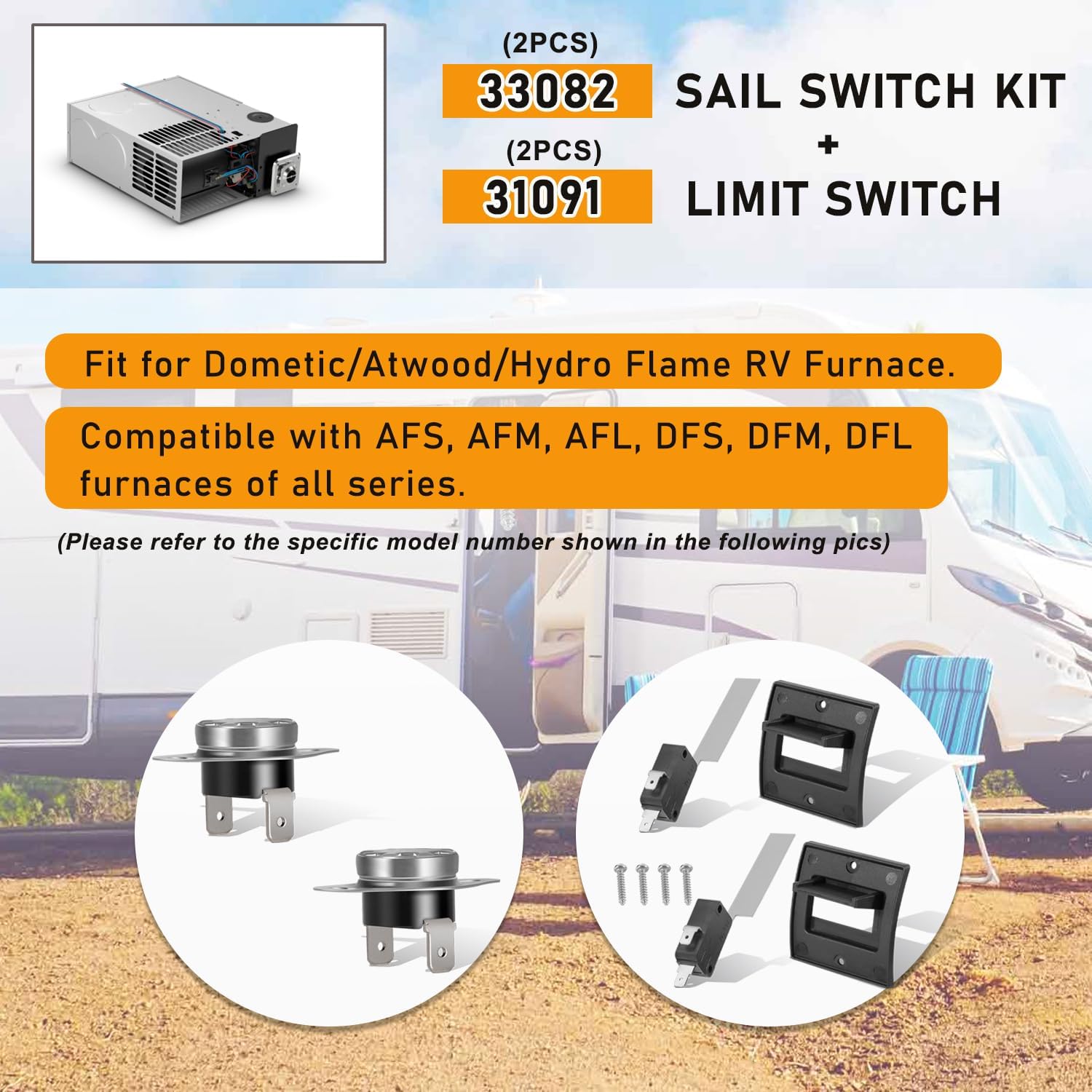 33082 Sail Switch with Bracket(2PCS) + 31091 Limit Switch(2PCS) for Dometic/Atwood/Hydro Flame RV Furnace, for AFS, AFM, AFL, DFS, DFM, DFL Series Furances, 190℉