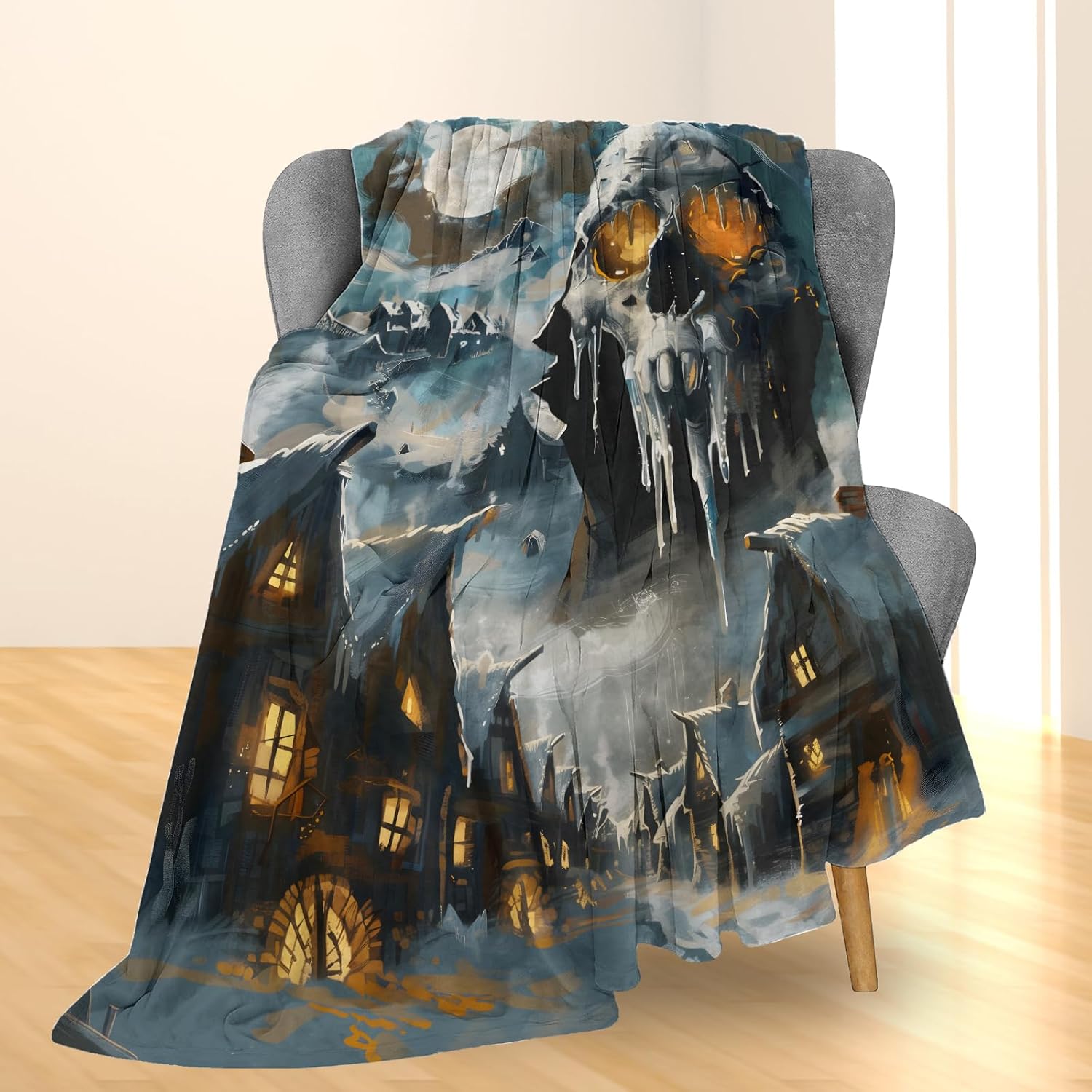 Haunting Skull & Village Blanket | Soft Warm Fuzzy Lightweight Flannel Throw Blanket for Couch, Bed, Halloween Decor, Travel & Outdoor Use, Cozy Blankets for Adults Women Men 60×50 in - Image 2