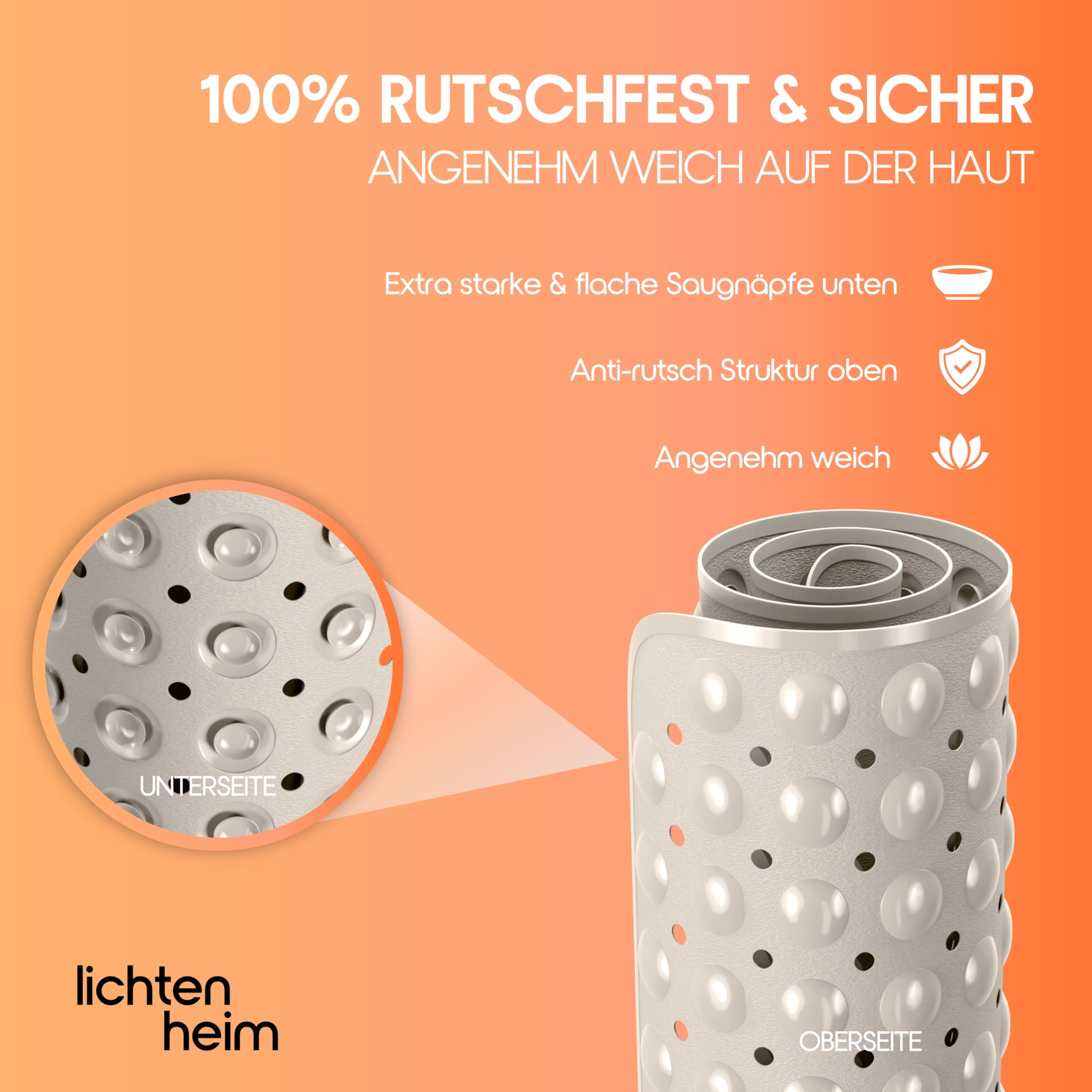 Tapis de douche antidérapant Sensitiv 100x40 cm - INCL 2 crochets - Tapis de bain antidérapant - Tapis de bain antidérapant sans BPA - Tapis de bain résistant à la moisissure et lavable
