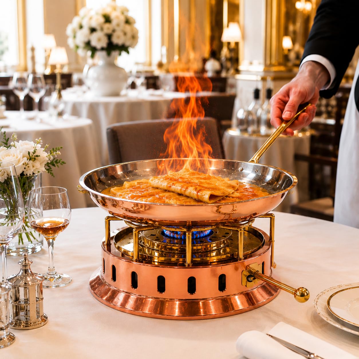 Fornello Flambé a Gel (alcol) in Rame e Ottone Bembo Made in Italy – Réchaud da Tavola Professionale per Flambé, Show Cooking, Ristorazione e Servizio al Tavolo