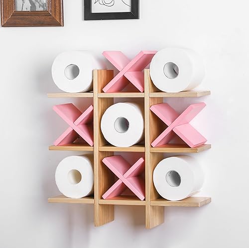 Miniatura 17 de Weysat Soporte de Papel Higiénico Tic Tac Toe Decoración de Pared de Baño Almacenamiento Colgante de Madera Rústica Estantes Independientes Montados