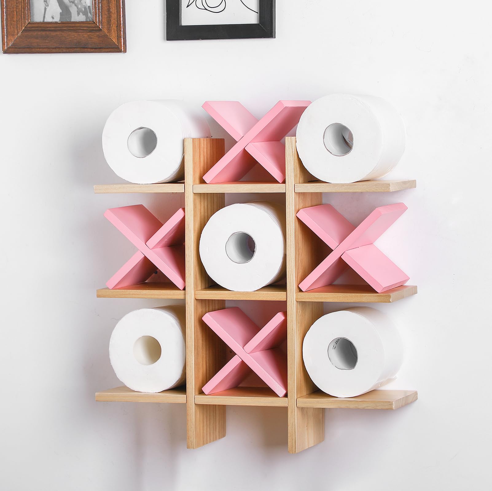 Weysat Tic Tac Toe Toilet Paper Holder Stand Toilet Paper Storage Bathroom Decor Rustic Wooden Hanging Storage Freestanding Wall Mounted Shelves Decor for Toilet Tissue Farmhouse (Wood Color, Pink)