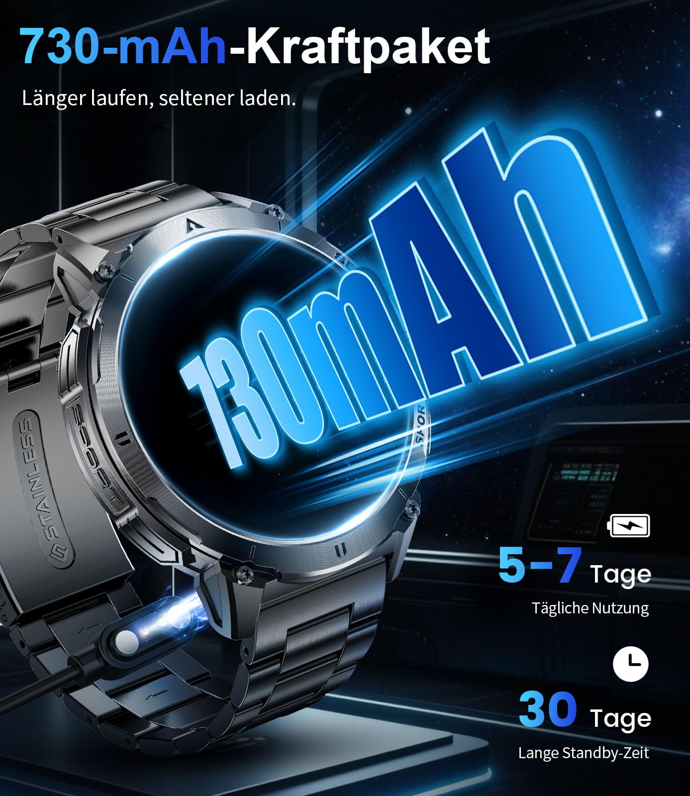 Smartwatch Herren Militär mit LED-Licht, 1,62 Zoll AMOLED Display Fitnessuhr mit Telefonfunktion, 730mAh Akku, 24/7 Herzfrequenz/Schlafmonitor, 119 Sportmodi Sportuhr für iOS Android, 2 Uhrenbänder