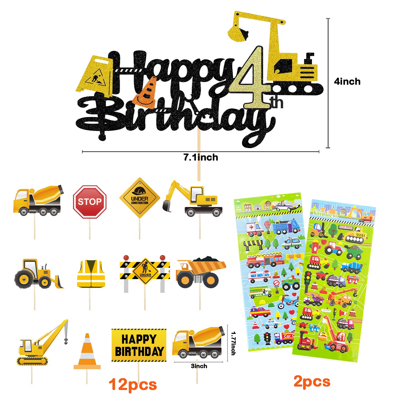 Construction Cake Topper Boys Cupcake Toppers Birthday Boys 4 Year Old Construction Birthday Party Supplies Cake Toppers Birthday Personalised 4th Cake Toppers with Kids Stickers (4)