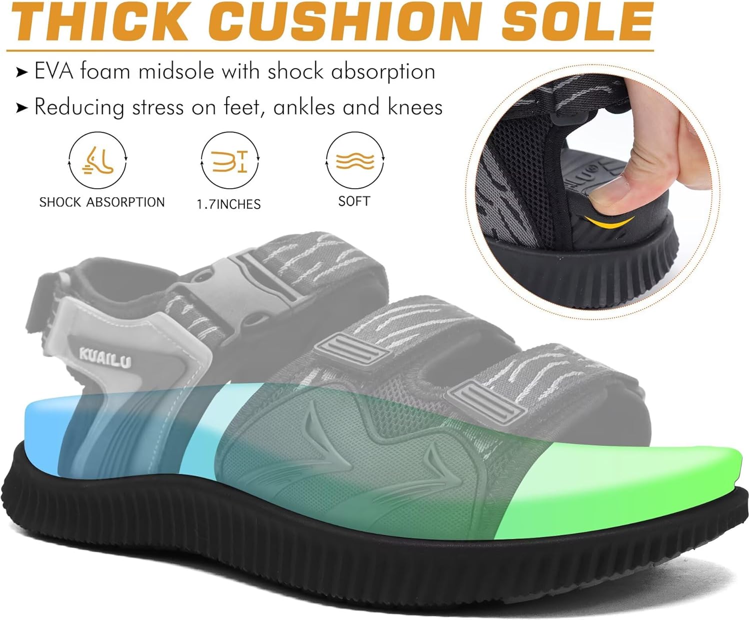 KuaiLu Mens Hiking Sandals with Arch Support Orthopedic Walking Recovery Sandals for Plantar Fasciitis Open Toe Summer Athletic Sport Comfortable Cushion Breathable Outdoor Water Sandals Size7-13 - Image 4