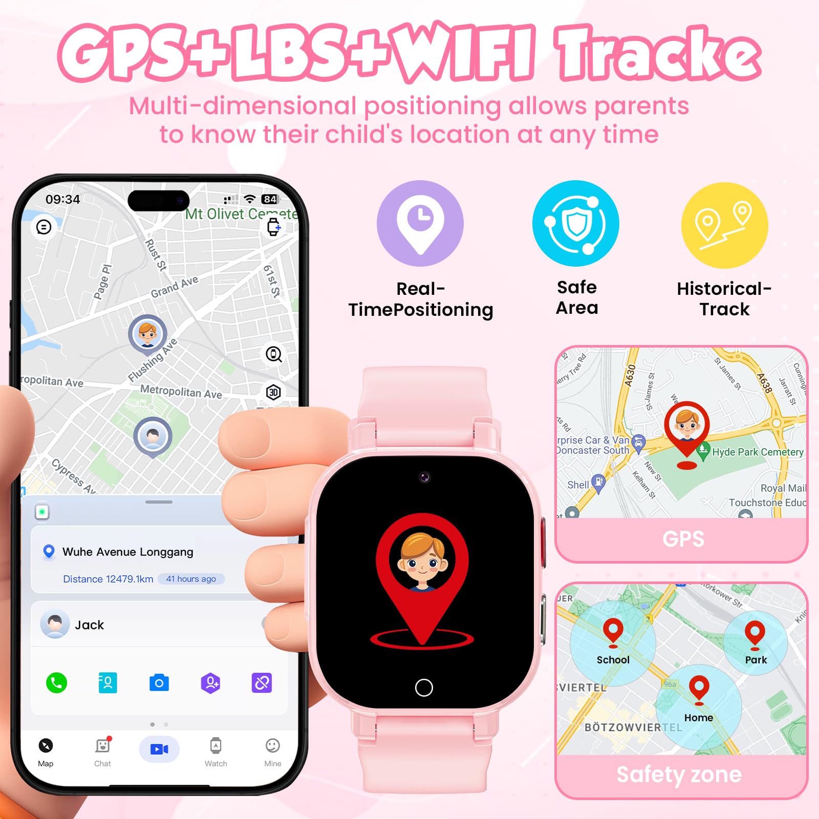 4G Smartwatch Kinder mit GPS und Telefon, Armbanduhr Junge Mädchen mit Video/Telefonanruf, SOS Notruf, Wecker, Schulmodus, Schrittzähler, Puzzlespiel, Kinderuhr für Geschenke 4-12 (4G Rosa)