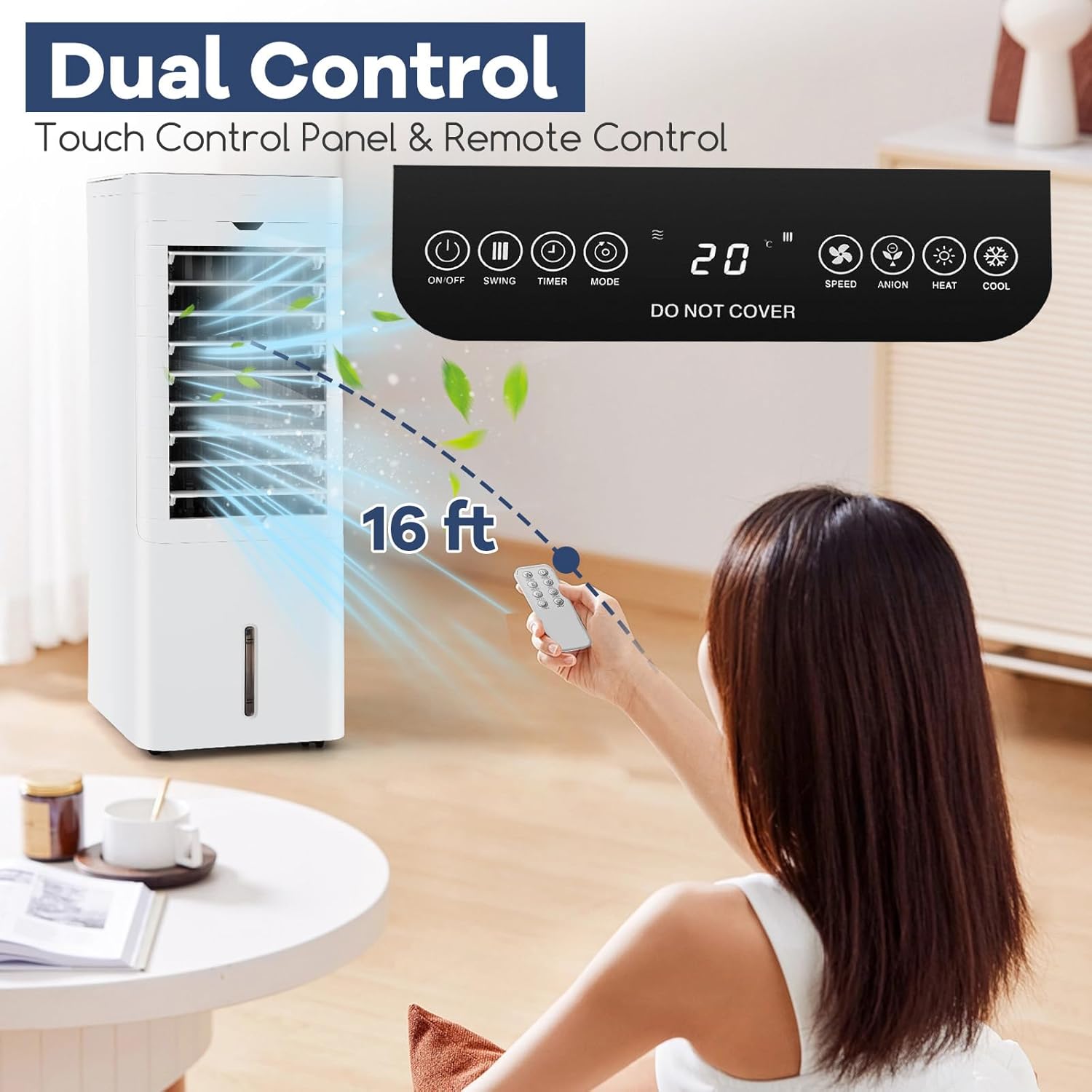 Image showing the control panel and remote control for the DORTALA air cooler, with a person using the remote control.