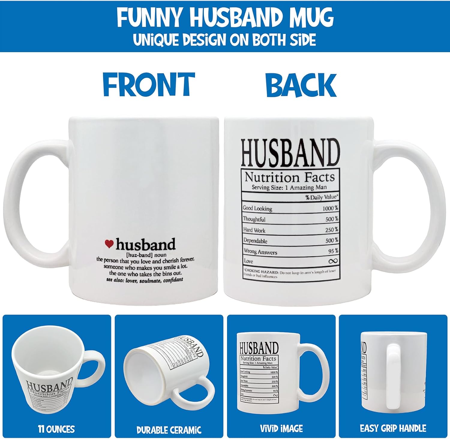 ZomefinKiu Husband Coffee Mug 11 Ounce Ceramic, Husband Pocket Hug Token, To My Husband Gift from Wife, Husband Nutrition Facts Mug, Gift for Husband Birthday Wedding Anniversary Christmas - Image 2