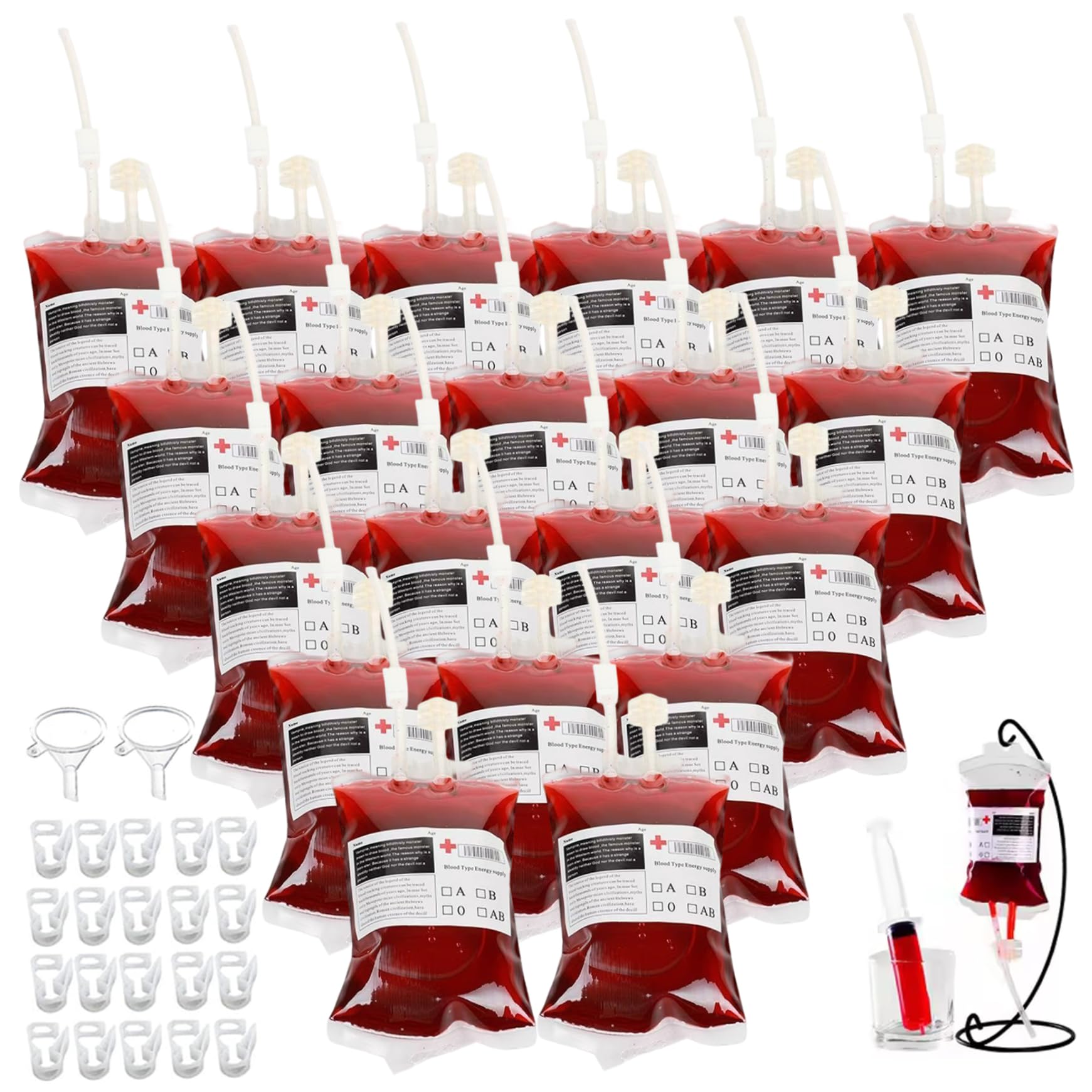 Monetais Transparent 20Pcs Blood Bags For Drinks, Sealing Thickened Drink Pouches With Labels & Clips & Funnels, Vampire Decor For Liquid Objects, Beverages, Juices, Cocktails