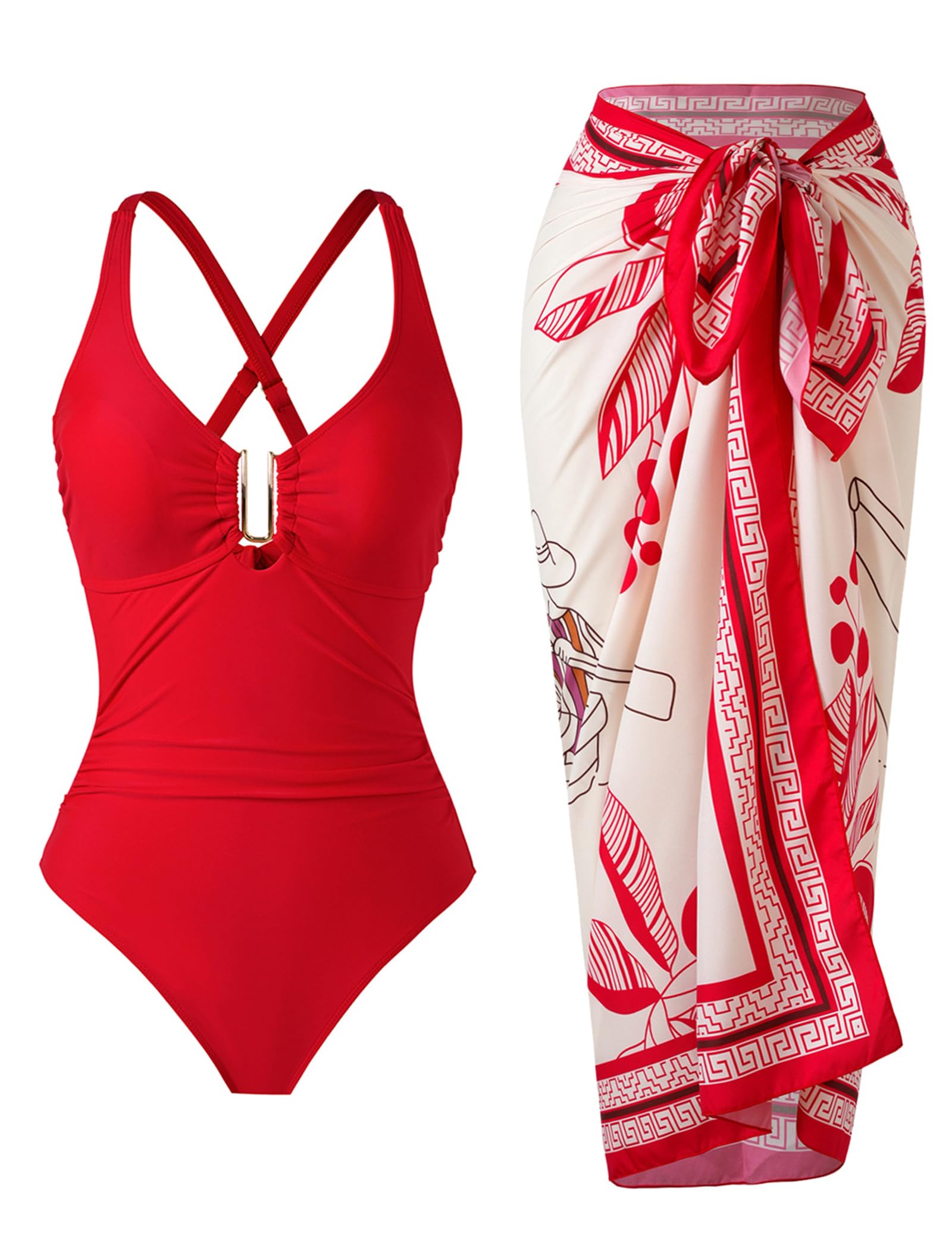Photo 1 of **MISSING WRAP** BAWHAHT One Piece Swimsuit Women with Cover Up Set Retro Bathing Suit for Women Tummy Control Beach Wrap Skirt Red