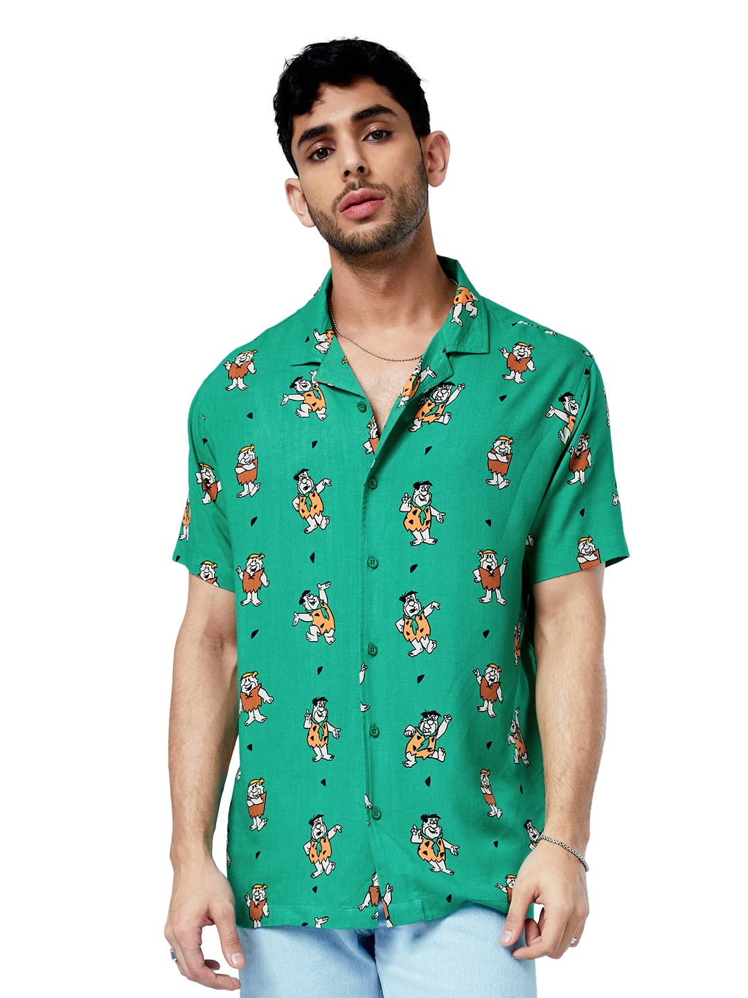 The Souled Store| Official The Flintstones: Pattern Mens and Boys Summer Shirts|Regular fit Graphic Printed| 100% Rayon Green Color Summer Shirts Shirt for Men Casual Half Sleeves Regular Fit Printed