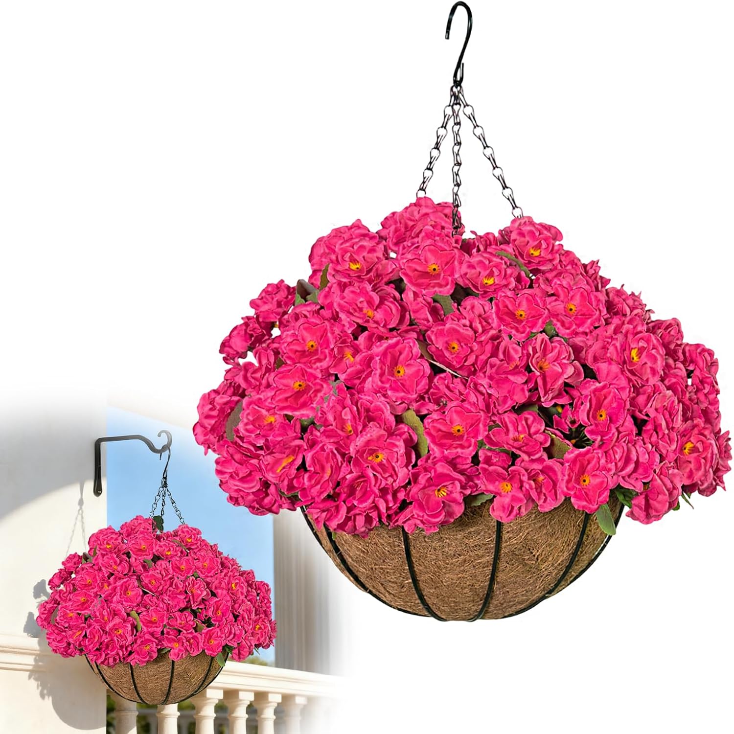 Artificial Flower Plants with Hanging Basket for Outdoor Spring Summer Decor, Hanging Planter with Realistic Fake Silk Geraniums, UV Resistant Faux Hanging Flowers for Porch Patio Balcony (1PC Rose)